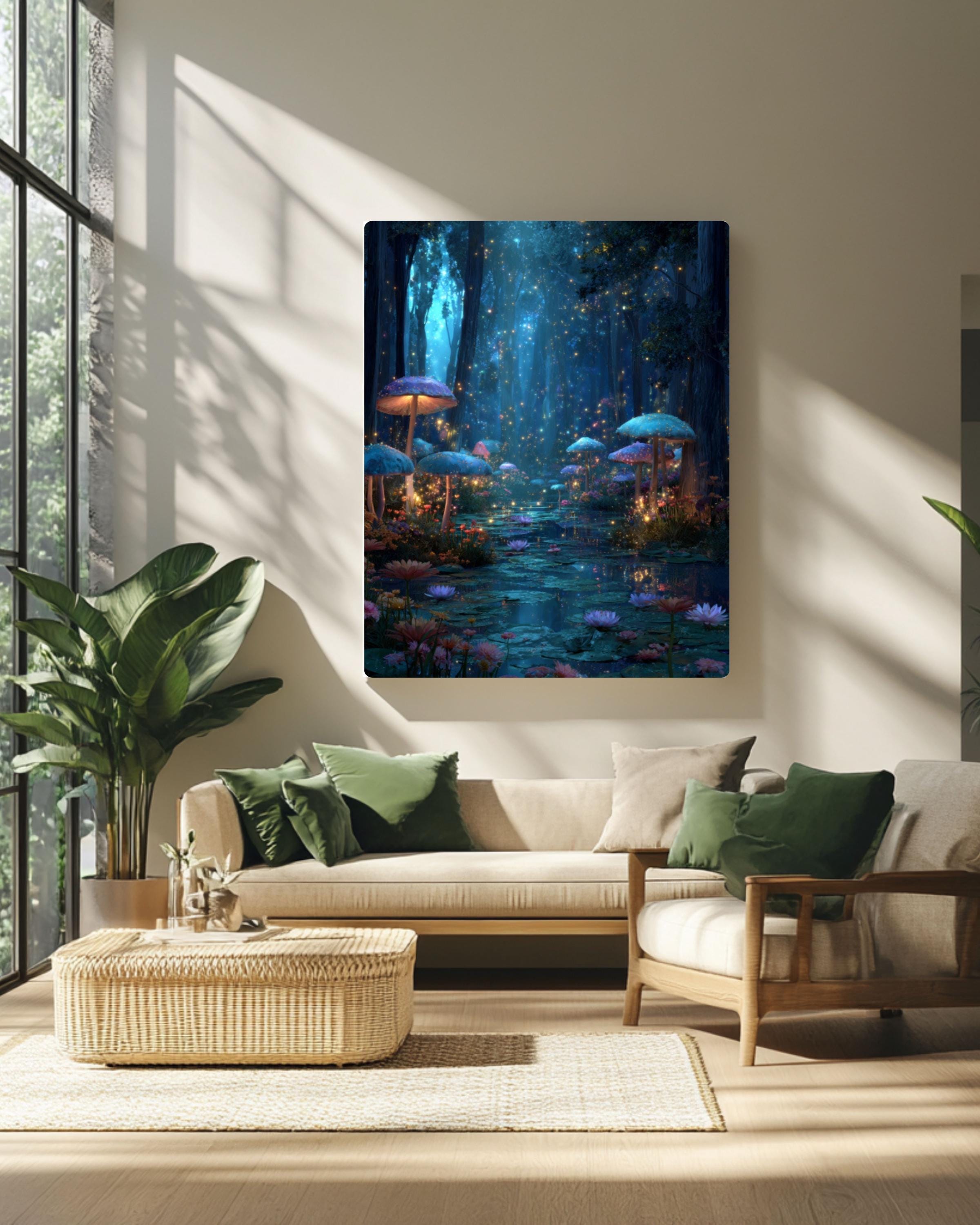 Enchanted Forest Glowing Mushrooms Wall Art | Fantasy Starry Canvas Print
