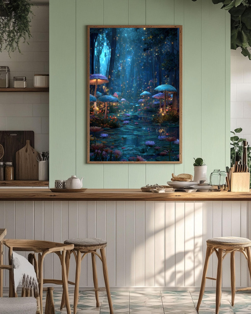 Enchanted Forest Glowing Mushrooms Wall Art | Fantasy Starry Canvas Print