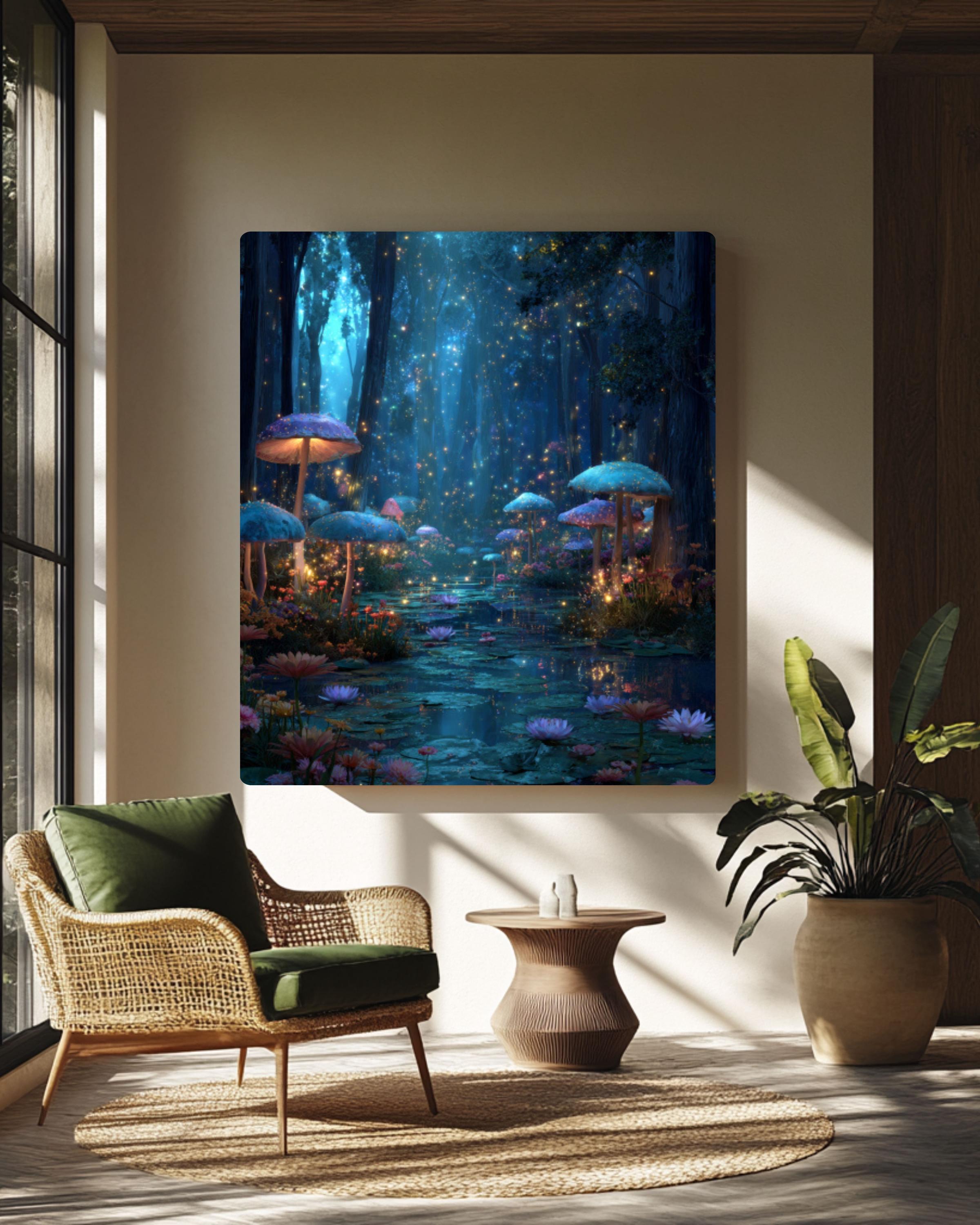 Enchanted Forest Glowing Mushrooms Wall Art | Fantasy Starry Canvas Print