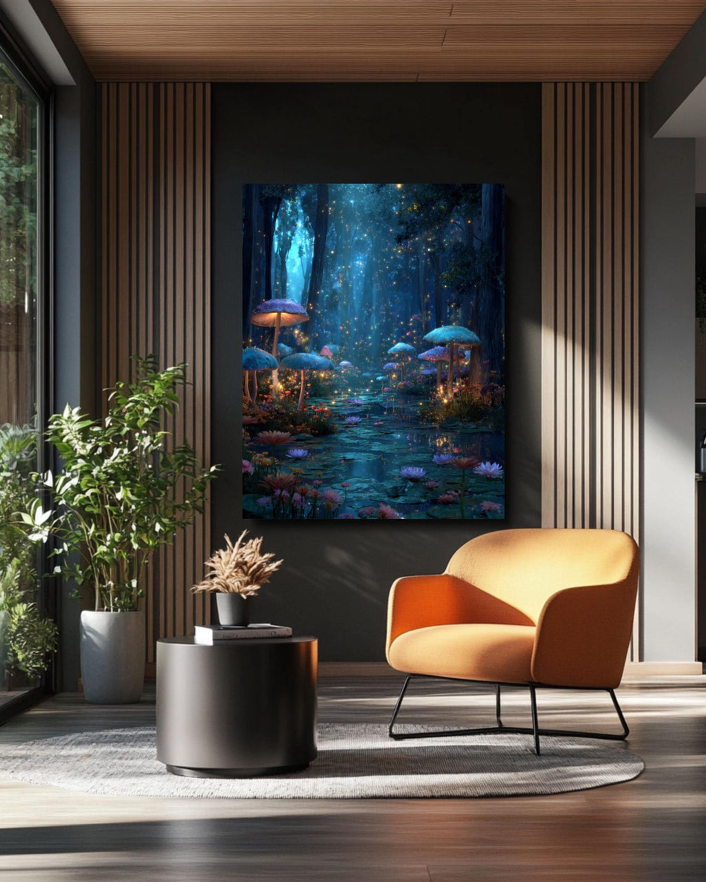 Enchanted Forest Art Print: Glowing Mushrooms & Starry Pond - Fantasy Decor for home and office wall décor