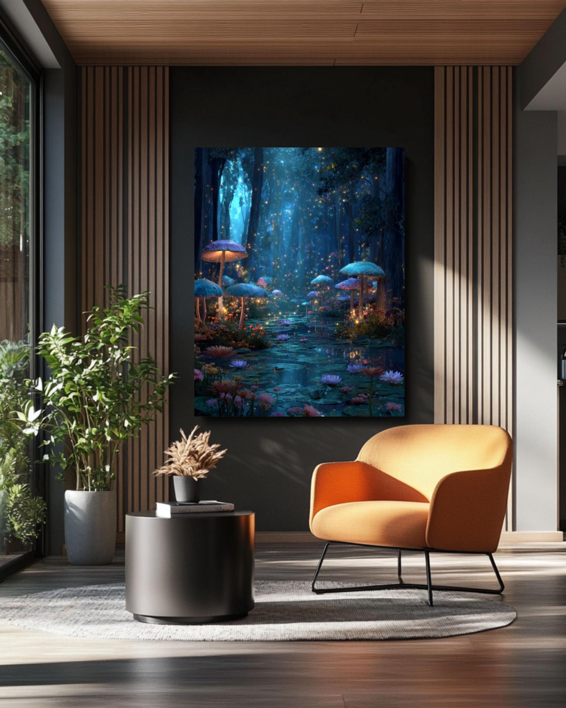 Enchanted Forest Art Print: Glowing Mushrooms & Starry Pond - Fantasy Decor for home and office wall décor