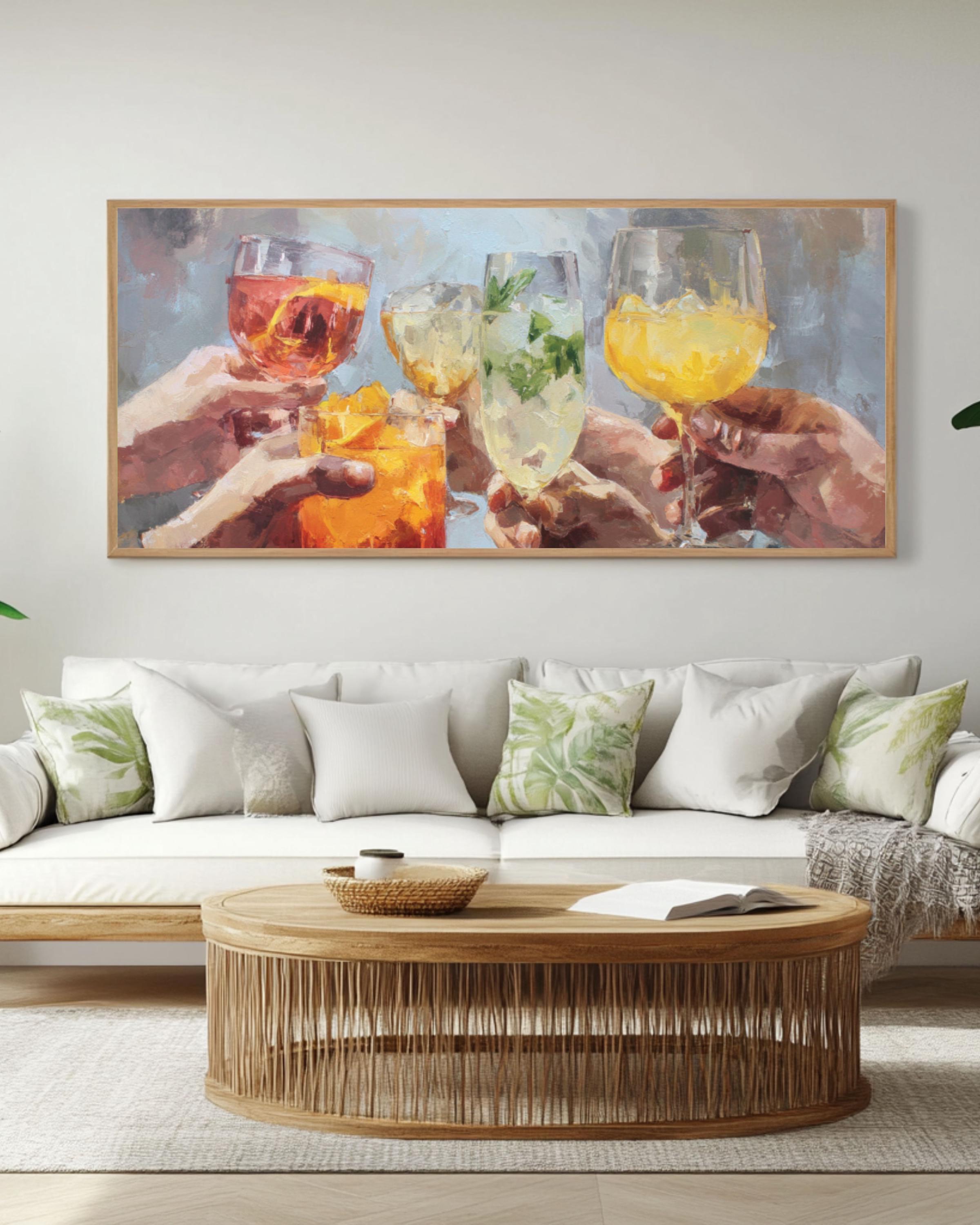 Toasting Hands Celebration Wall Art | Colorful Oil Painting Canvas Print
