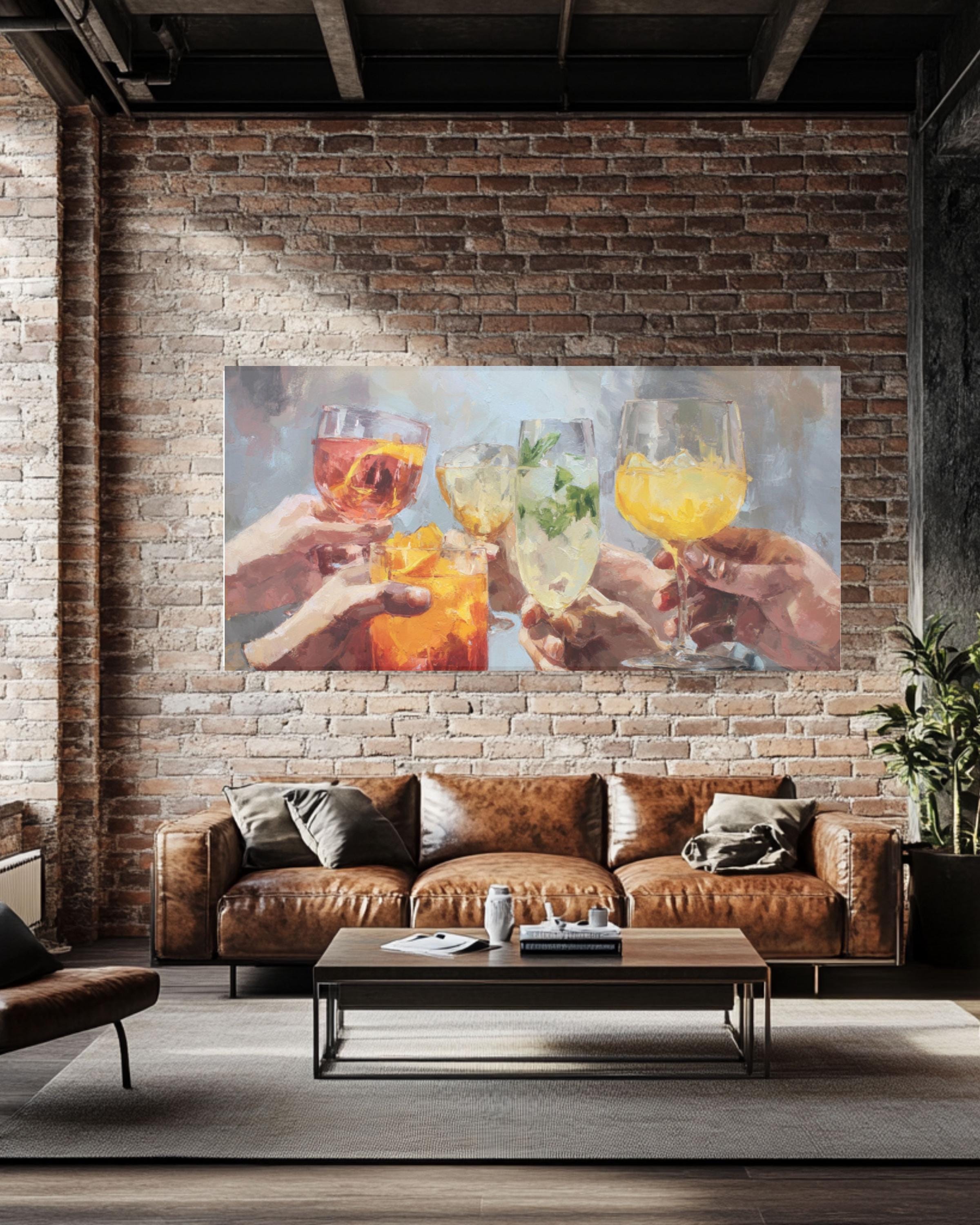 Toasting Hands Celebration Wall Art | Colorful Oil Painting Canvas Print