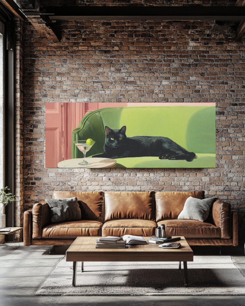 Black Cat with Martini Wall Art | Whimsical Oil Painting Canvas Print