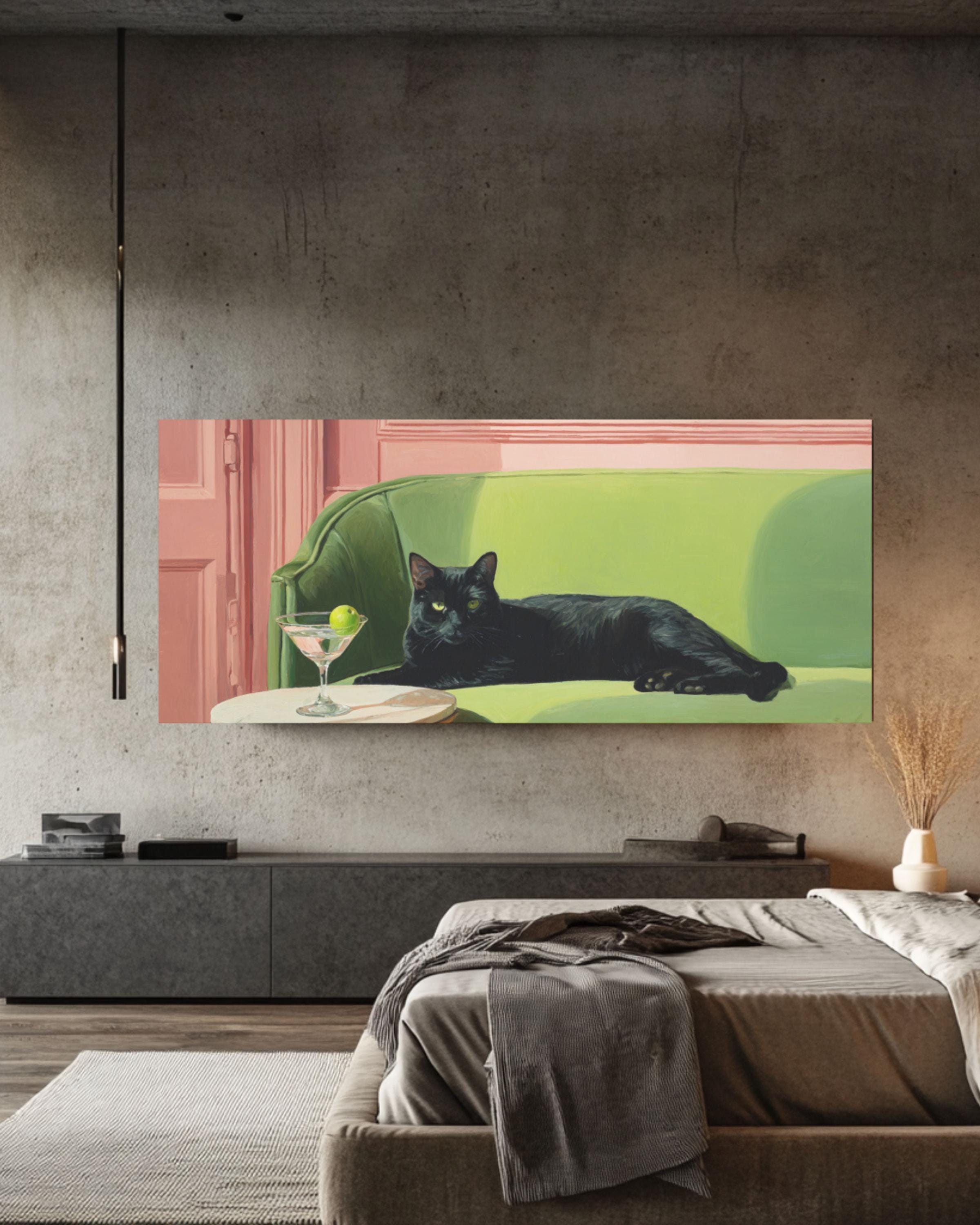 Black Cat with Martini Wall Art | Whimsical Oil Painting Canvas Print