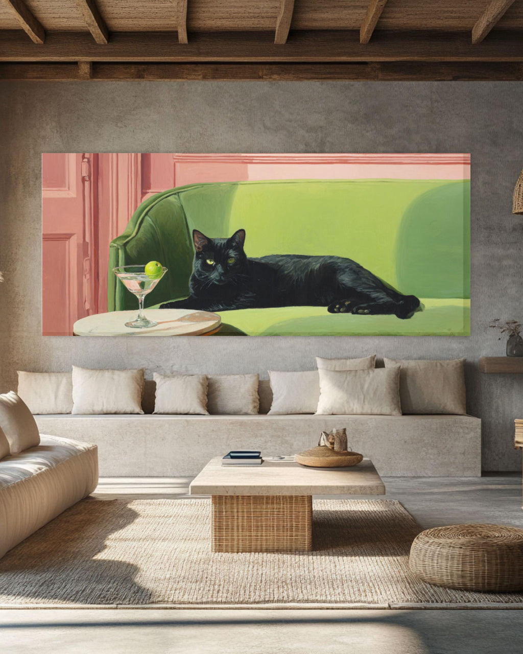 Black Cat with Martini Wall Art | Whimsical Oil Painting Canvas Print