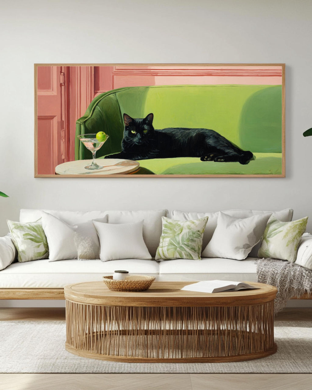 Black Cat with Martini Wall Art | Whimsical Oil Painting Canvas Print