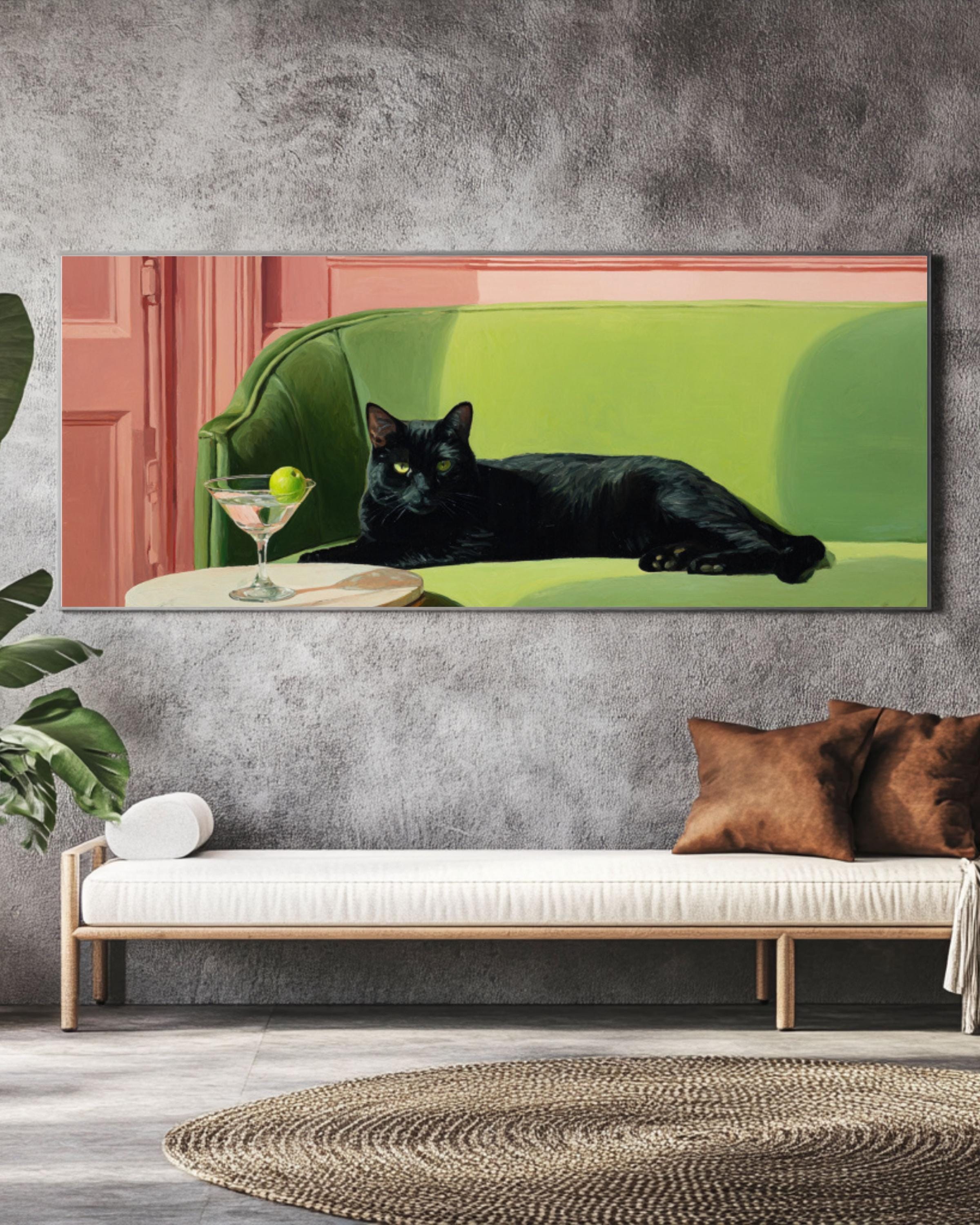 Black Cat on Green Sofa with Martini â€“ Wes Anderson Style Oil Painting Wall Art for home and office wall décor