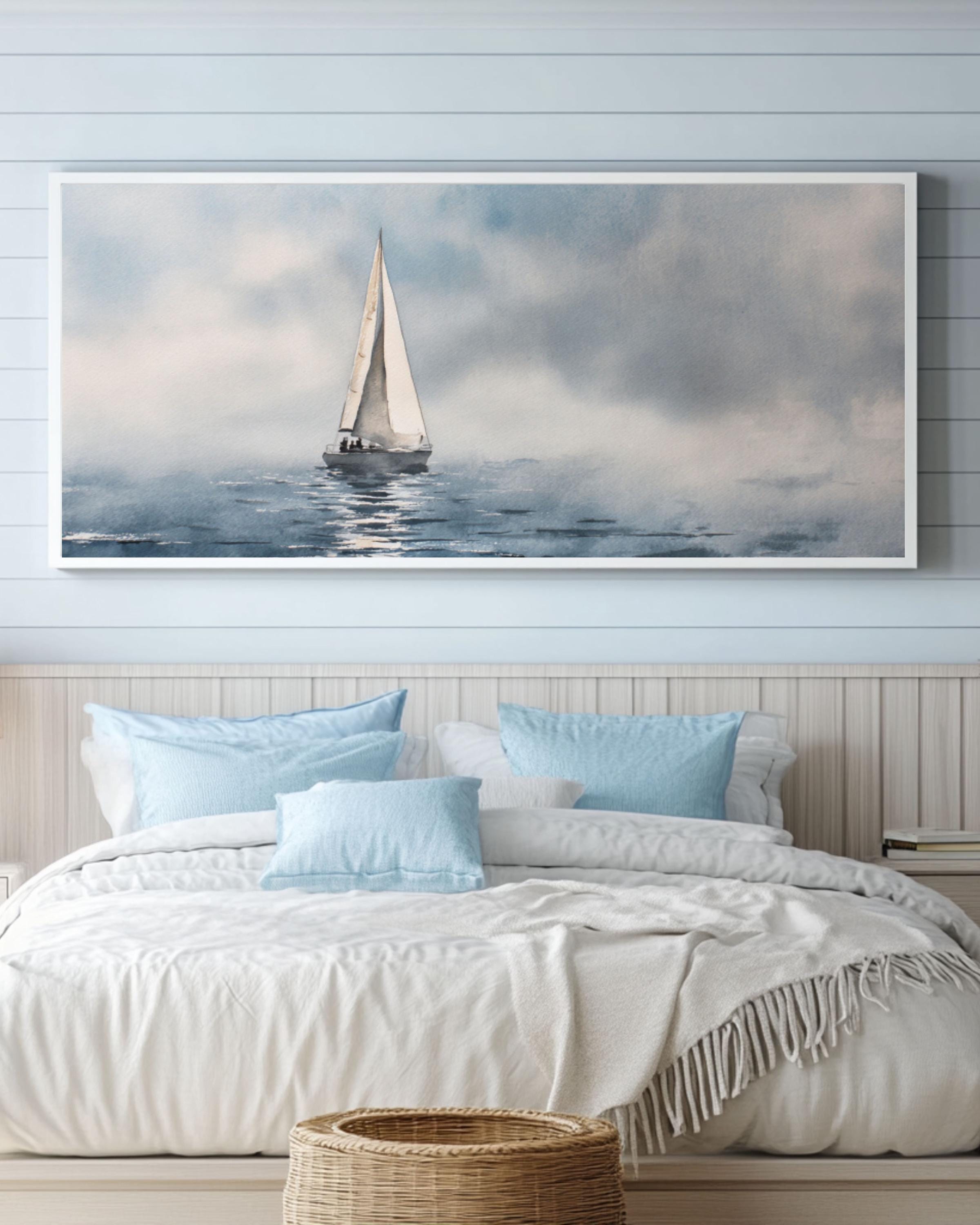 White Sailboat Foggy Sea Wall Art | Minimalist Nautical Watercolor Print