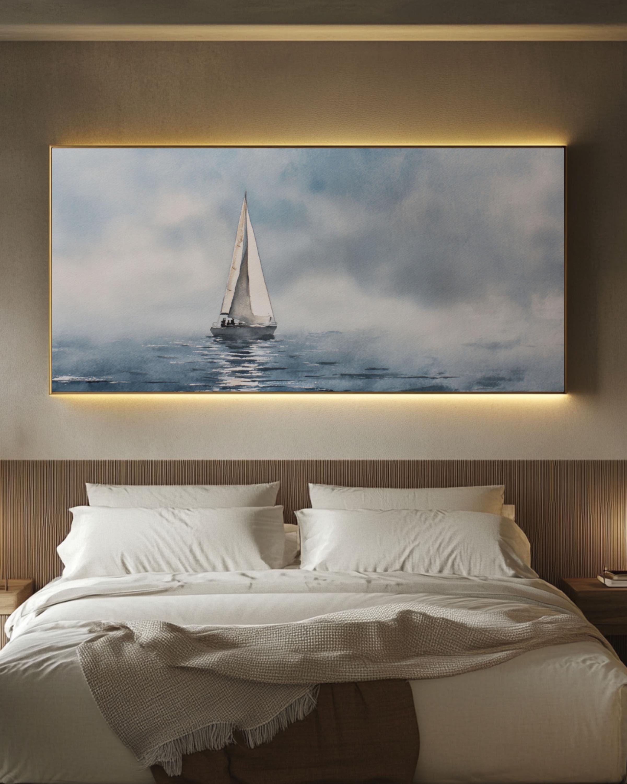 White Sailboat in Foggy Sea â€“ Watercolor Nautical Wall Art â€“ Coastal Minimalist Ocean Decor for home and office wall décor