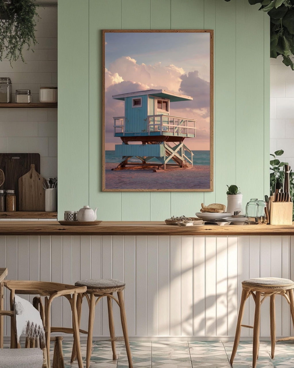 Teal Lifeguard Tower Sunset Wall Art | Hyperreal Coastal Canvas Print