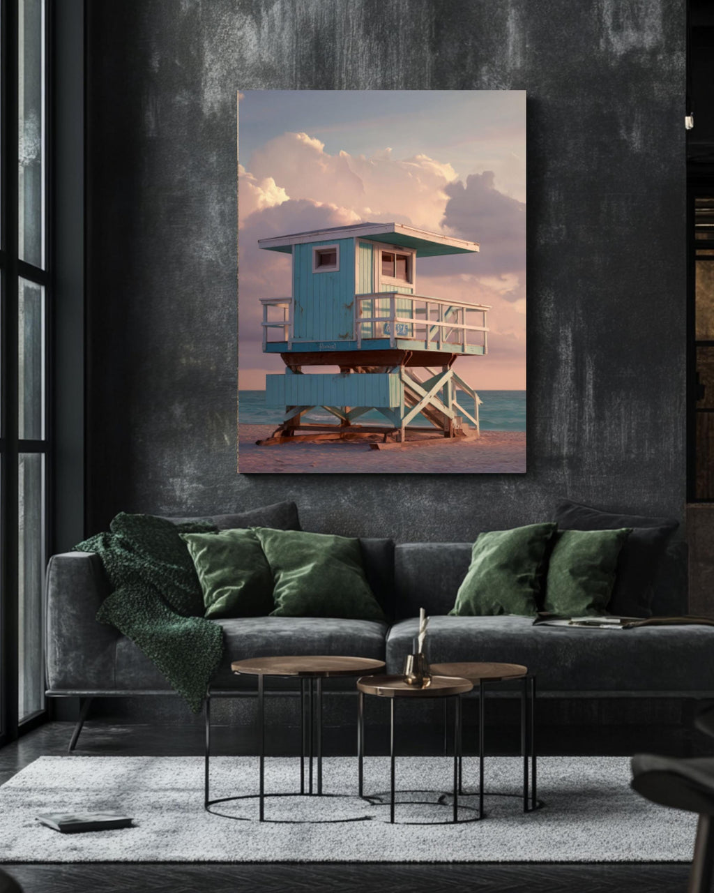 Teal Lifeguard Tower Sunset Wall Art | Hyperreal Coastal Canvas Print