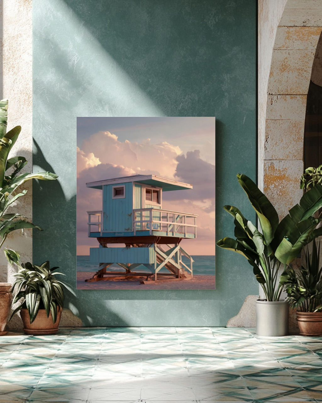 Teal Lifeguard Tower Sunset Wall Art | Hyperreal Coastal Canvas Print