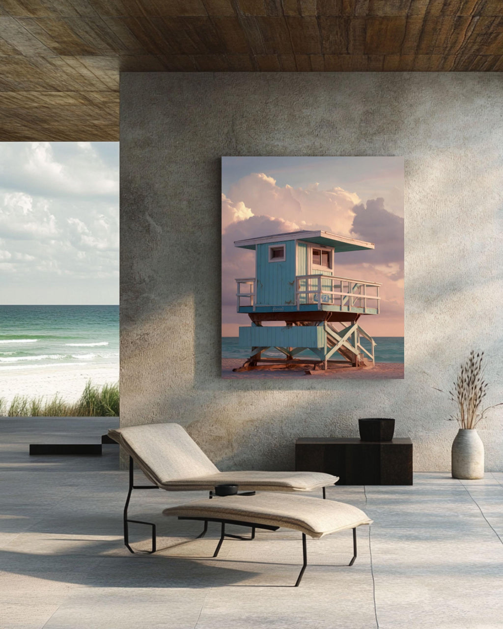 Teal Lifeguard Tower Sunset Print: Hyperreal Coastal Beach Wall Art for home and office wall décor