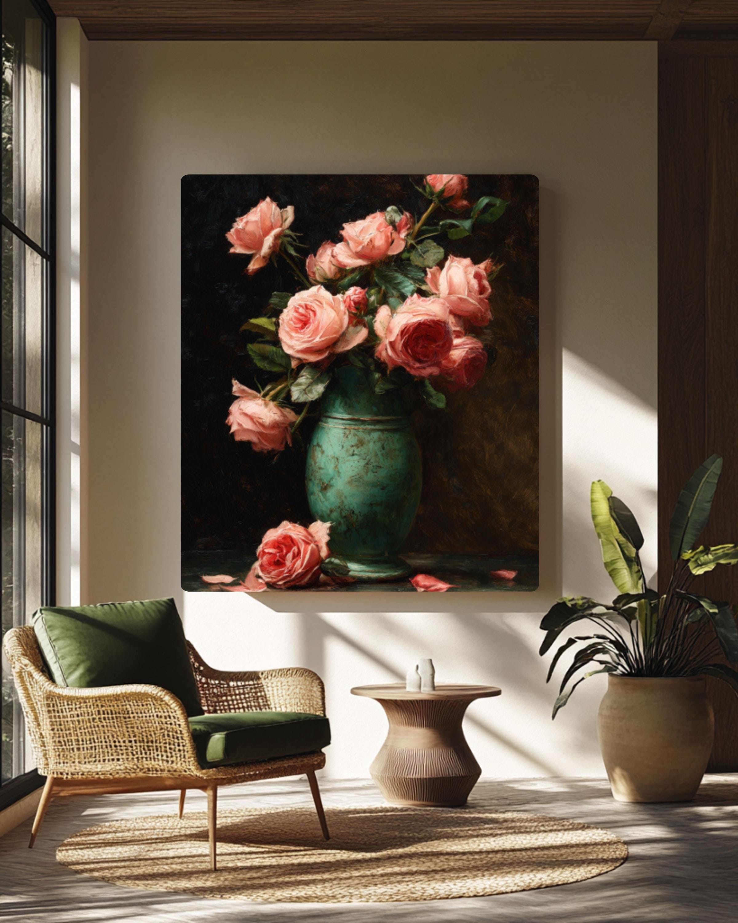 Vintage Pink Roses Oil Painting Wall Art | Victorian Floral Still Life