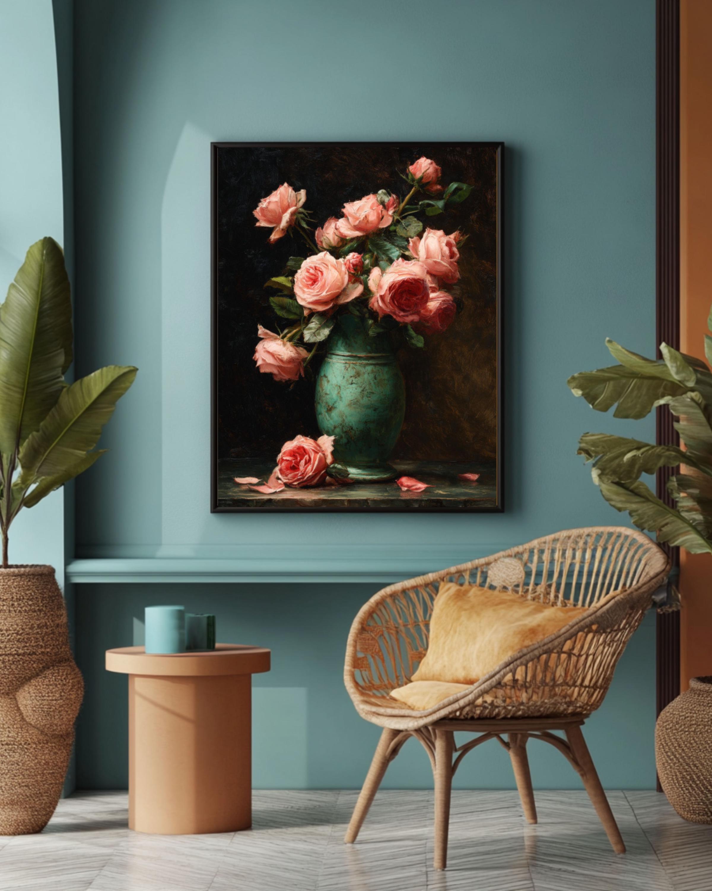 Vintage Pink Roses Oil Painting Wall Art | Victorian Floral Still Life