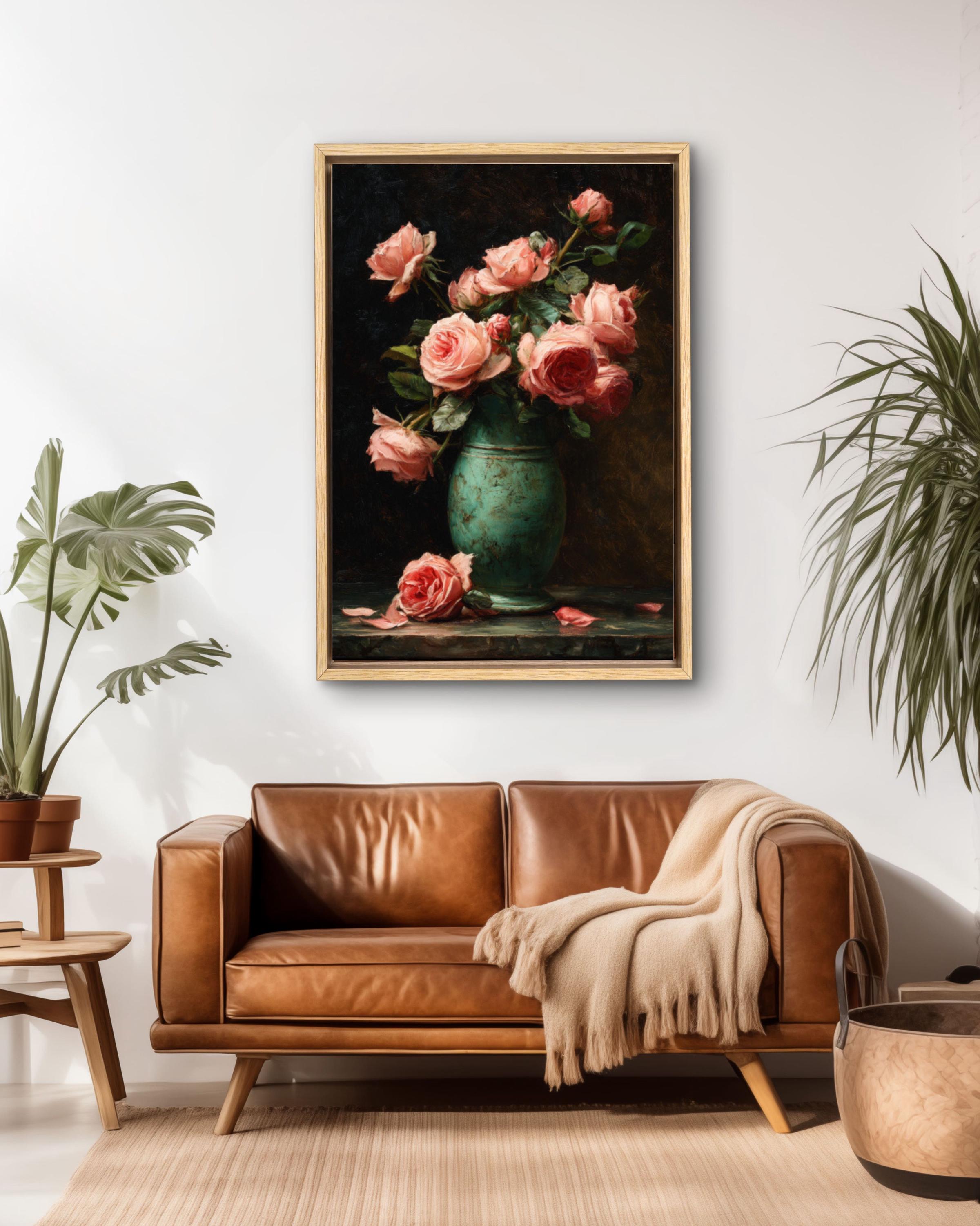 Vintage Pink Roses Oil Painting Wall Art | Victorian Floral Still Life