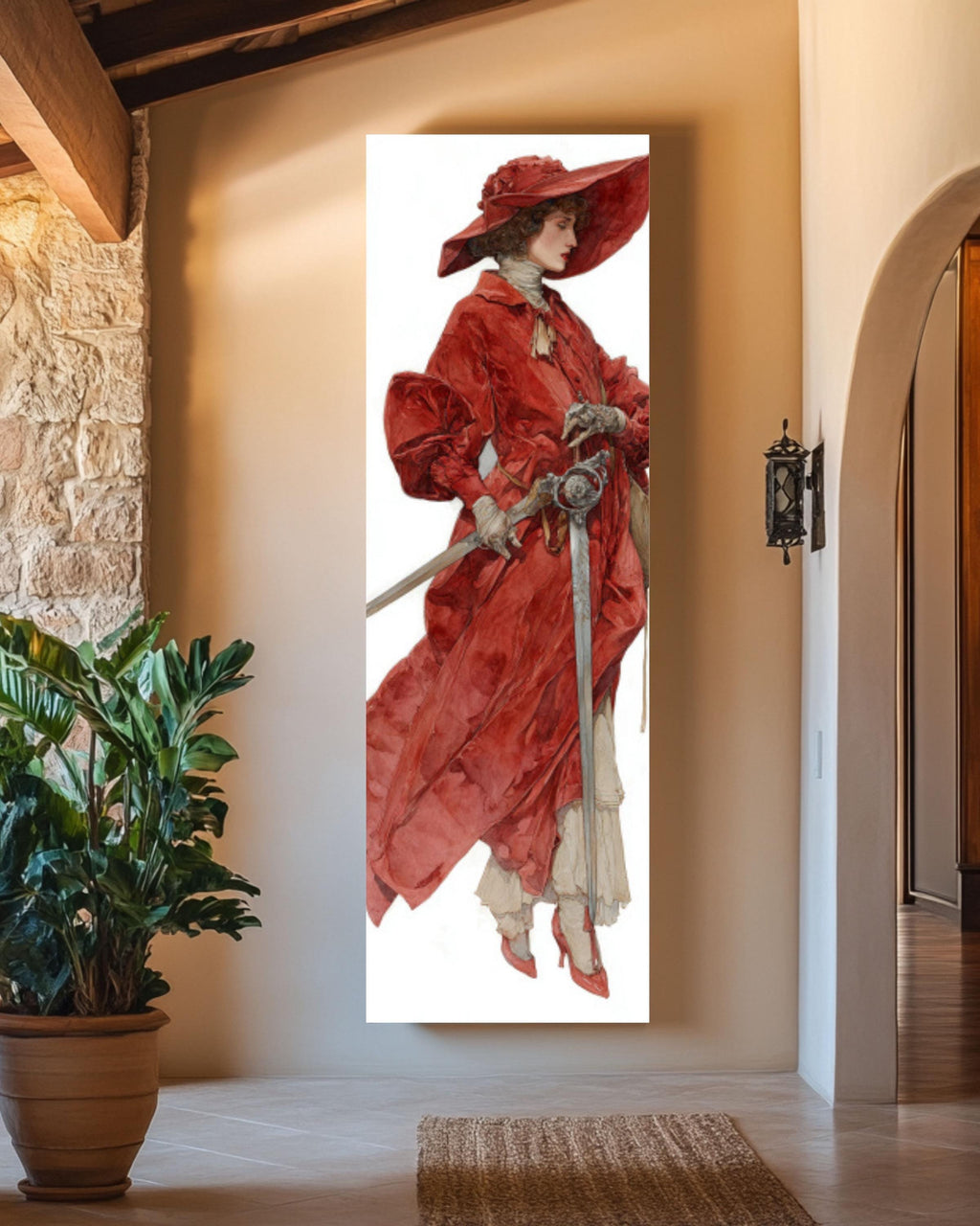 Woman in Red Velvet Coat Wall Art | Watercolor Fantasy Portrait Canvas