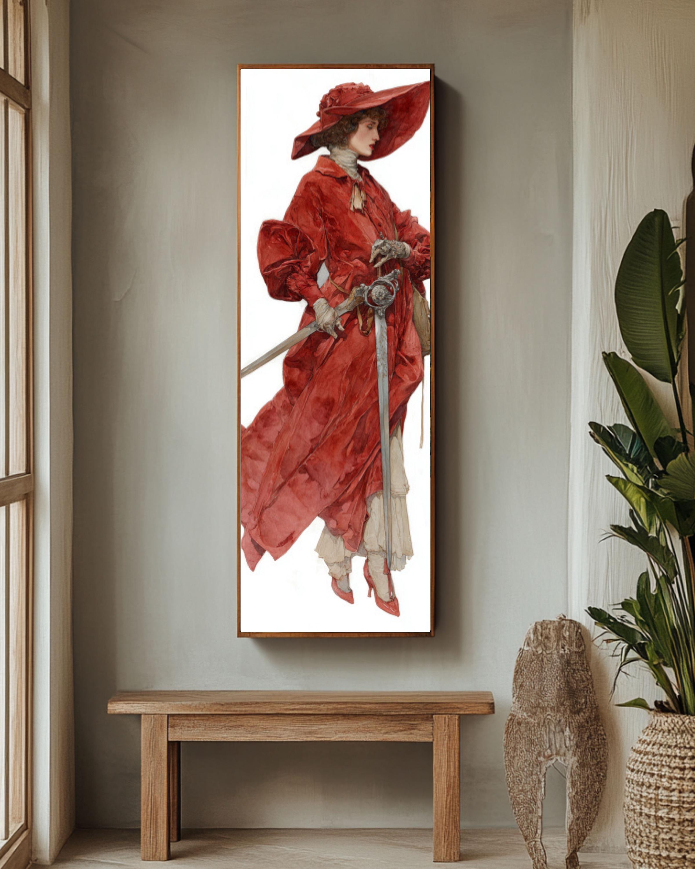 Woman in Red Velvet Coat Wall Art | Watercolor Fantasy Portrait Canvas