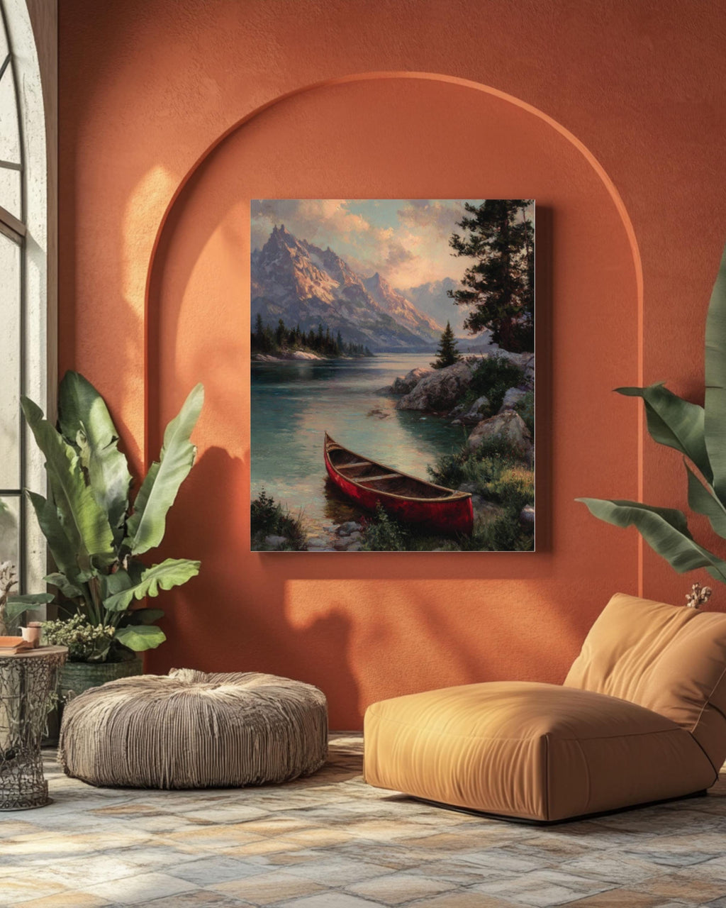 Red Canoe Lake Cabin Wall Art | Rustic Kinkade Style Canvas Print
