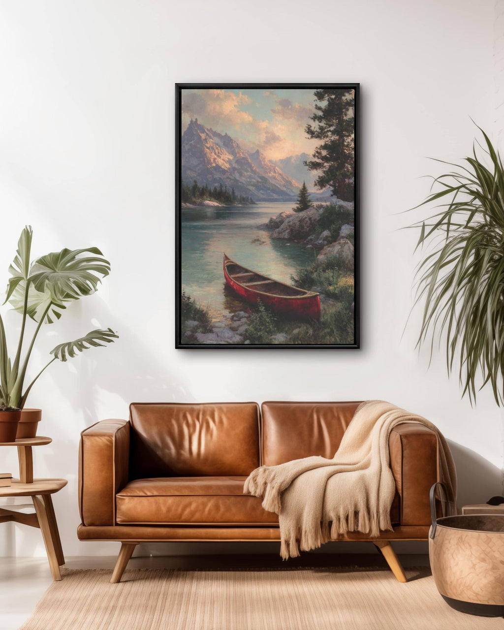 Red Canoe Lake Cabin Wall Art | Rustic Kinkade Style Canvas Print