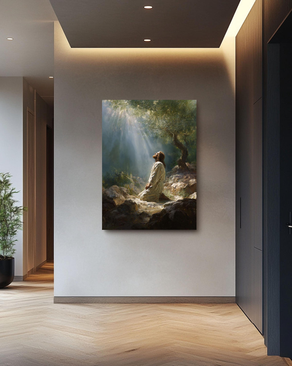 Jesus in Prayer Wall Art | Dreamy Oil Painting Style Canvas Print