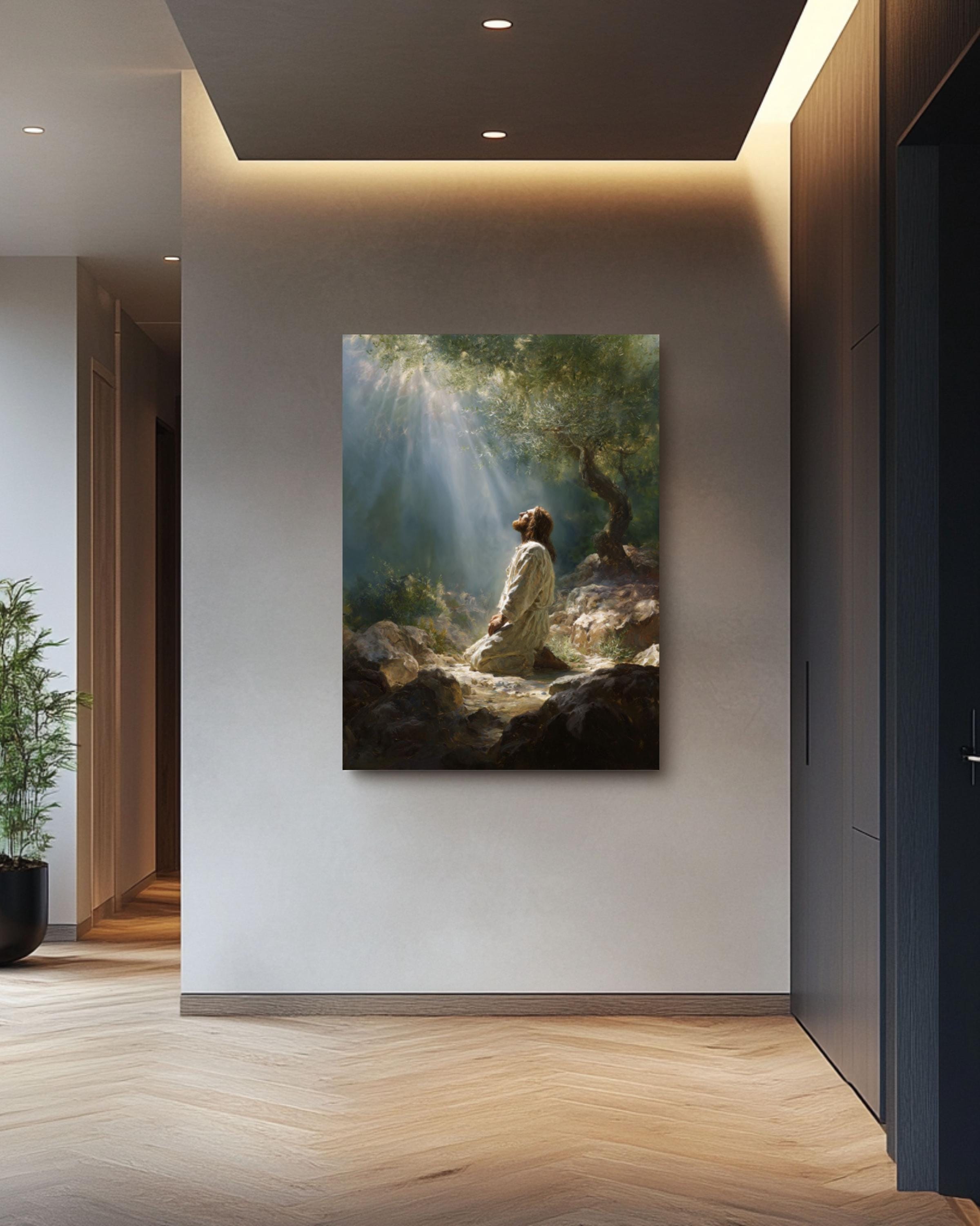 Jesus in Prayer Wall Art | Dreamy Oil Painting Style Canvas Print