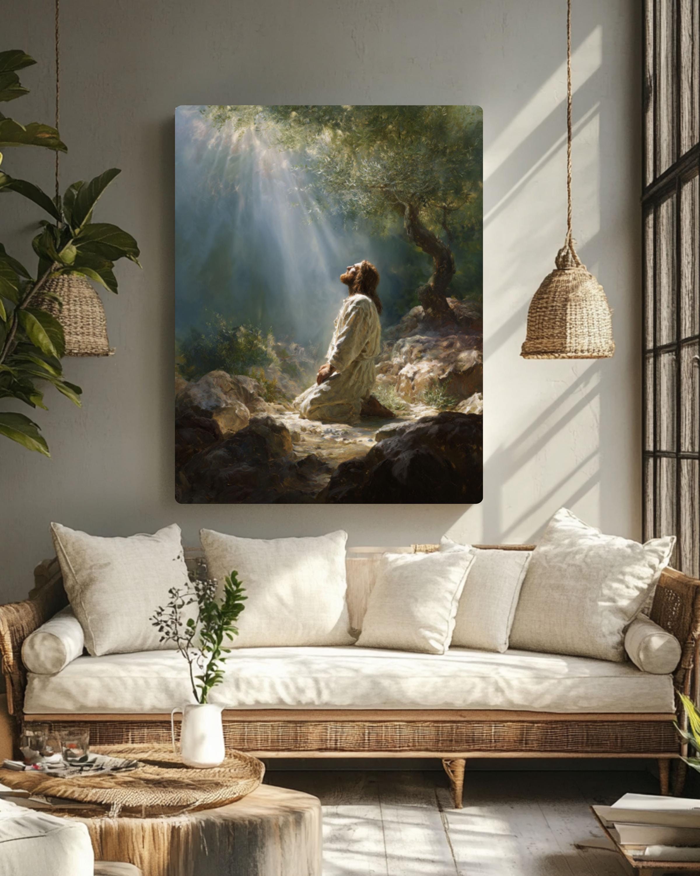 Jesus in Prayer Wall Art | Dreamy Oil Painting Style Canvas Print
