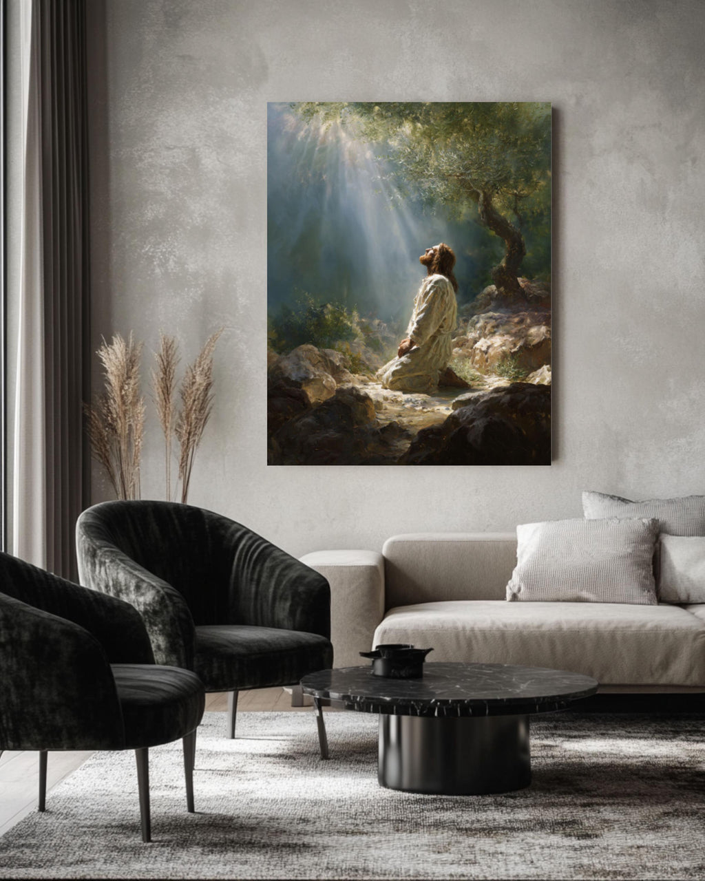 Jesus in Prayer Wall Art | Dreamy Oil Painting Style Canvas Print