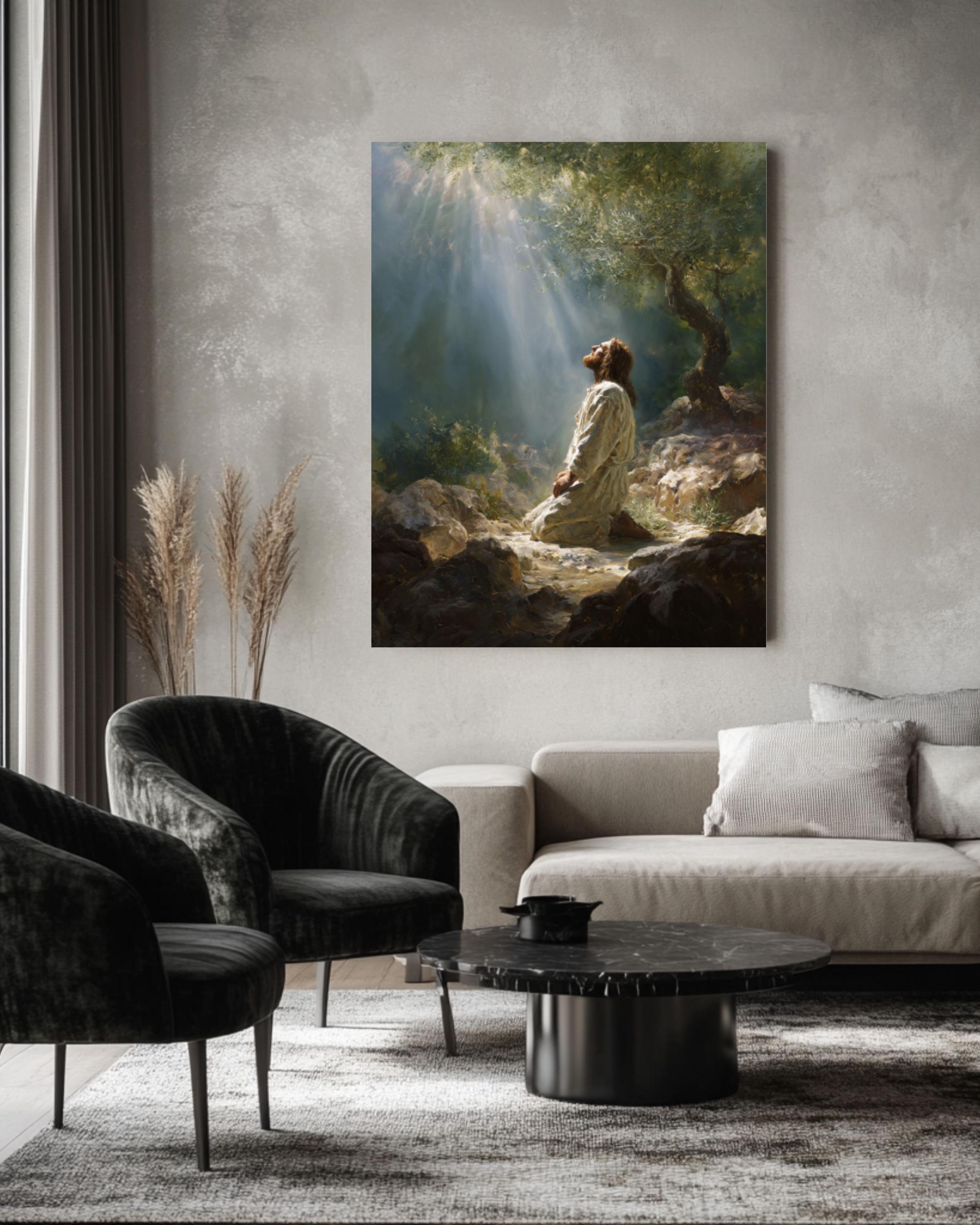 Jesus in Prayer Wall Art | Dreamy Oil Painting Style Canvas Print