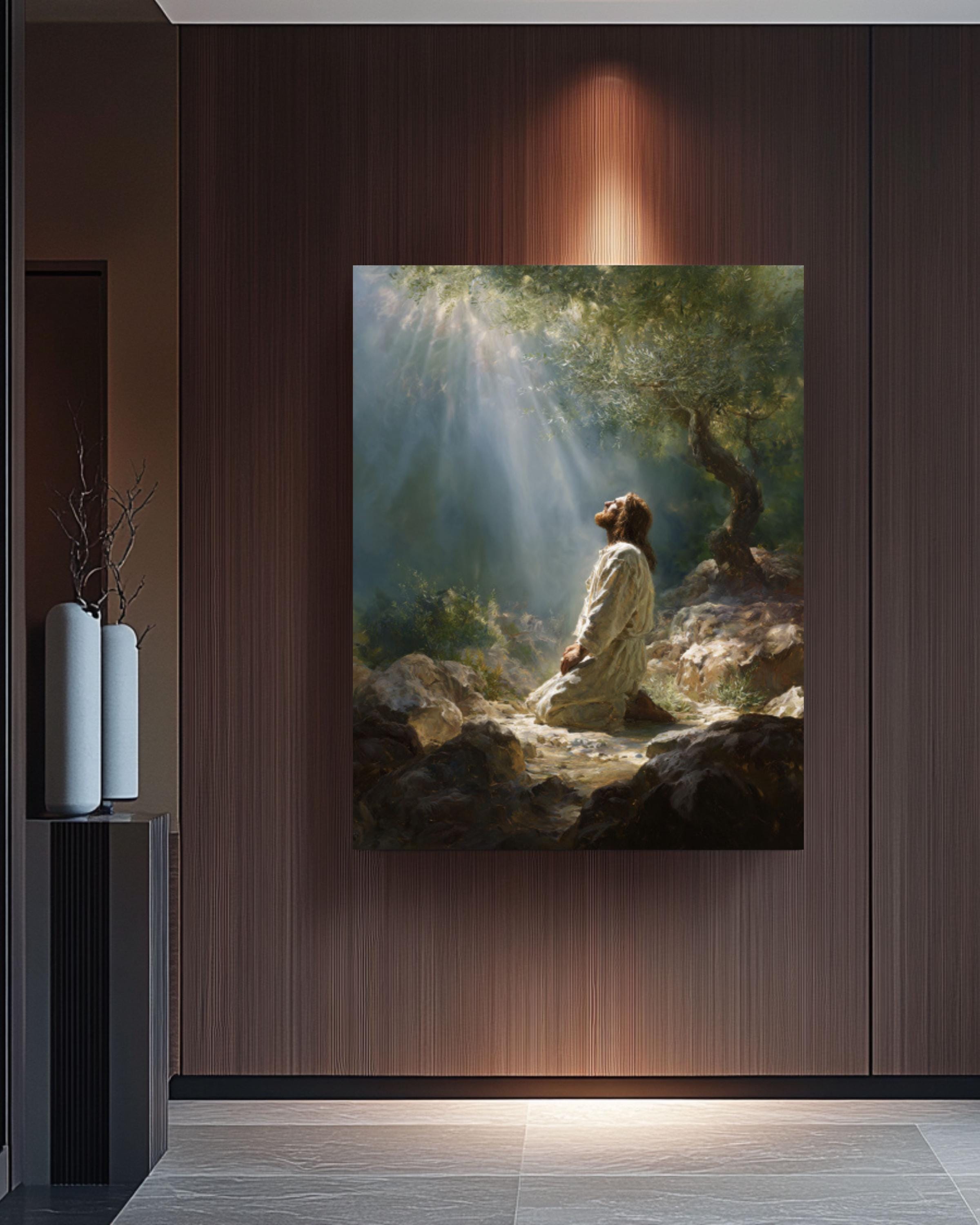 Jesus in Prayer Wall Art | Dreamy Oil Painting Style Canvas Print
