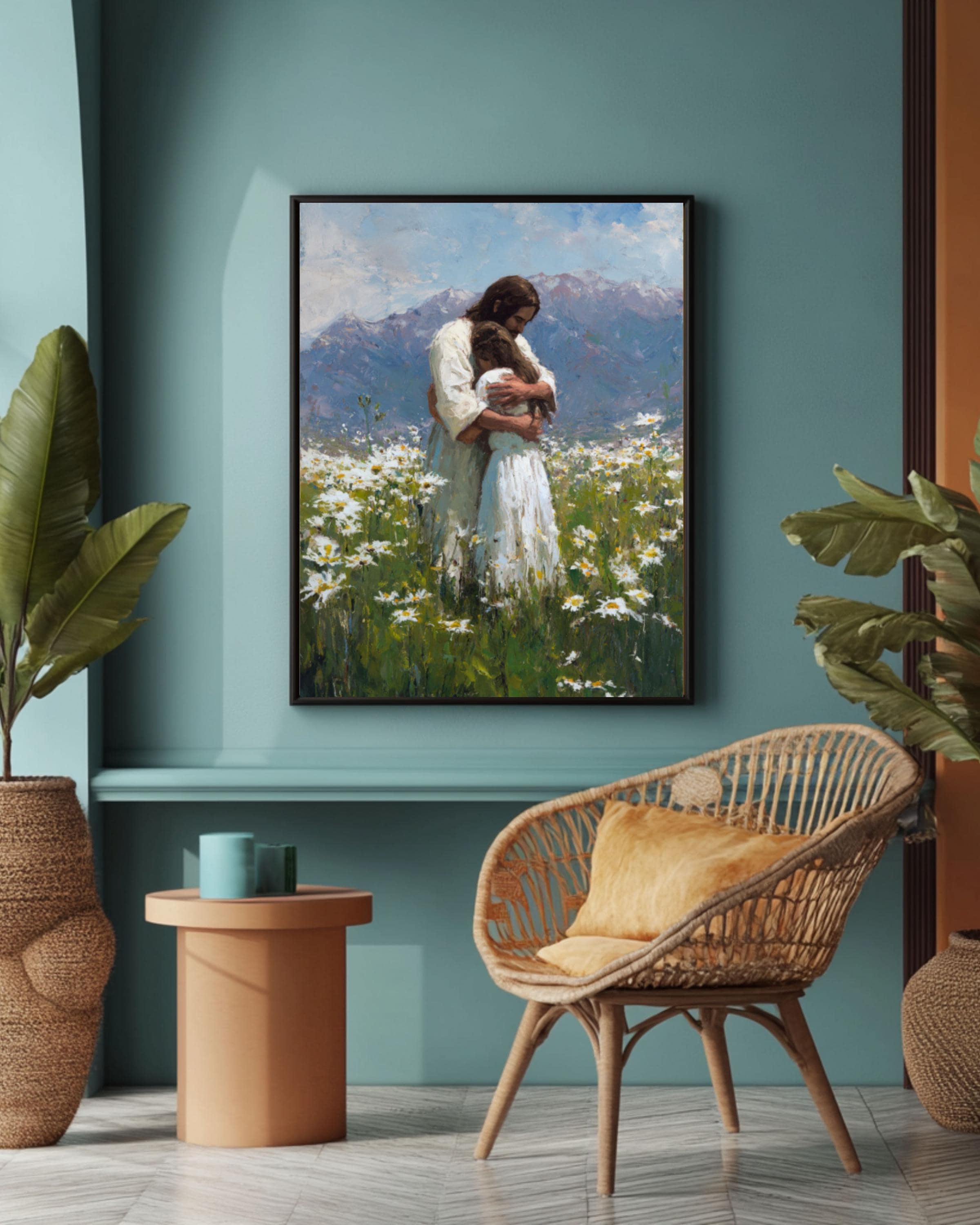Jesus with Girl in Daisy Field Wall Art | Christian Oil Painting Canvas