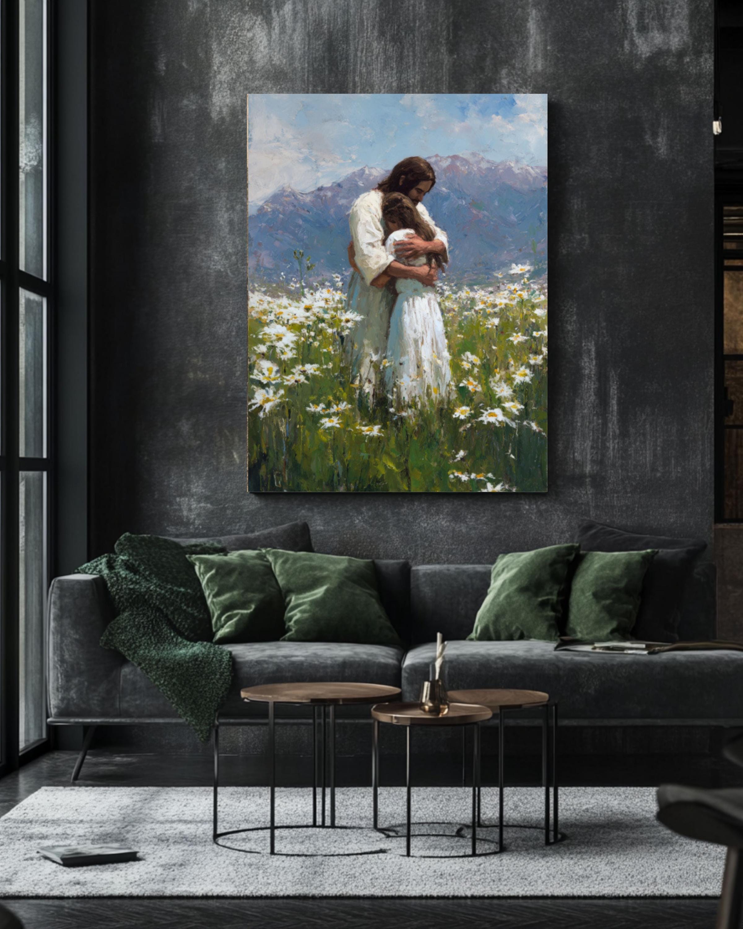Jesus with Girl in Daisy Field Wall Art | Christian Oil Painting Canvas