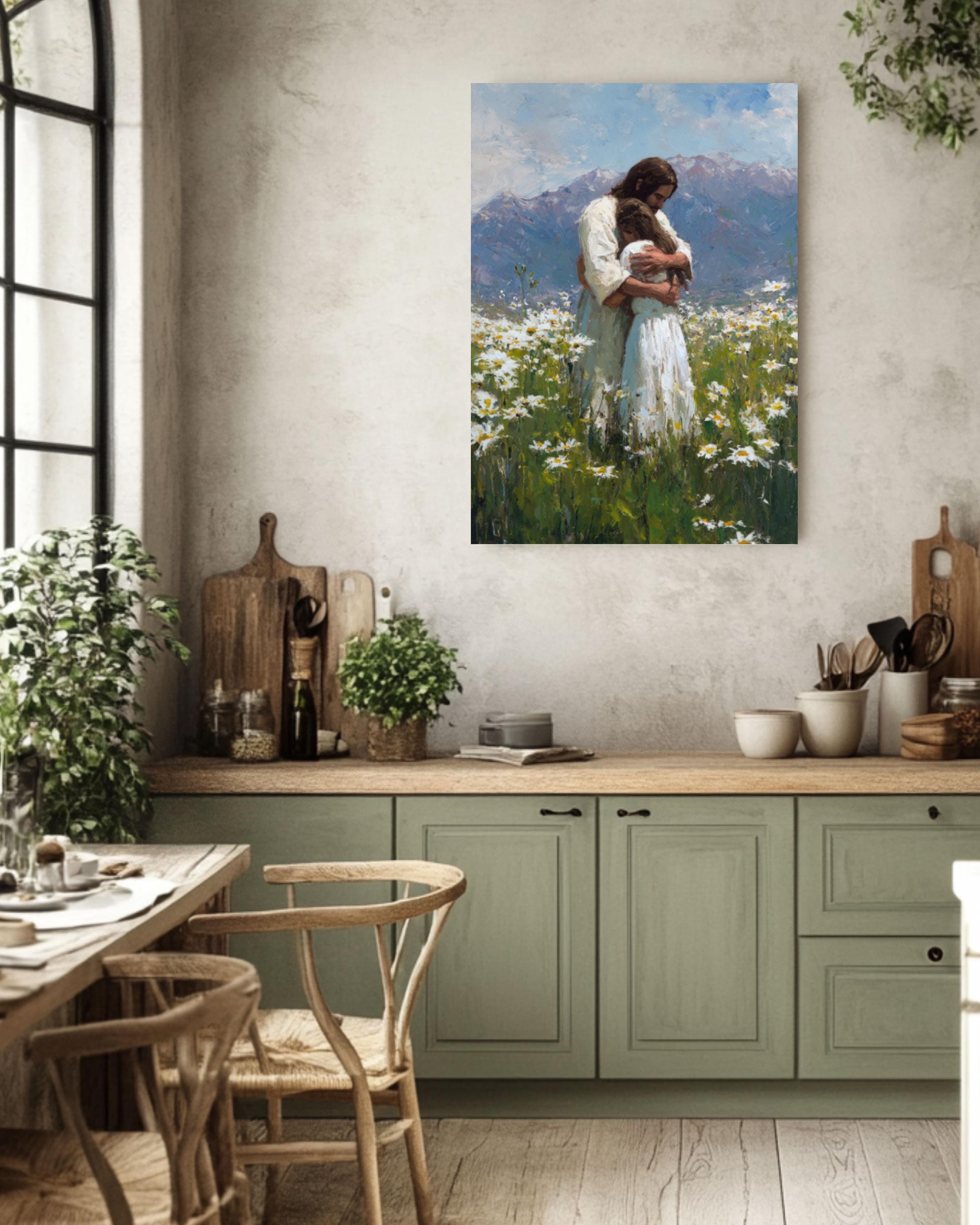Jesus with Girl in Daisy Field Wall Art | Christian Oil Painting Canvas