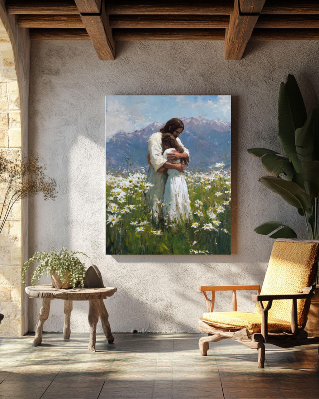 Jesus with Girl in Daisy Field Wall Art | Christian Oil Painting Canvas