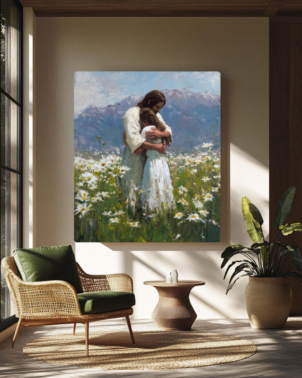 Jesus Embracing Girl in Daisy Field: Christian Oil Painting Style Canvas Art for home and office wall décor
