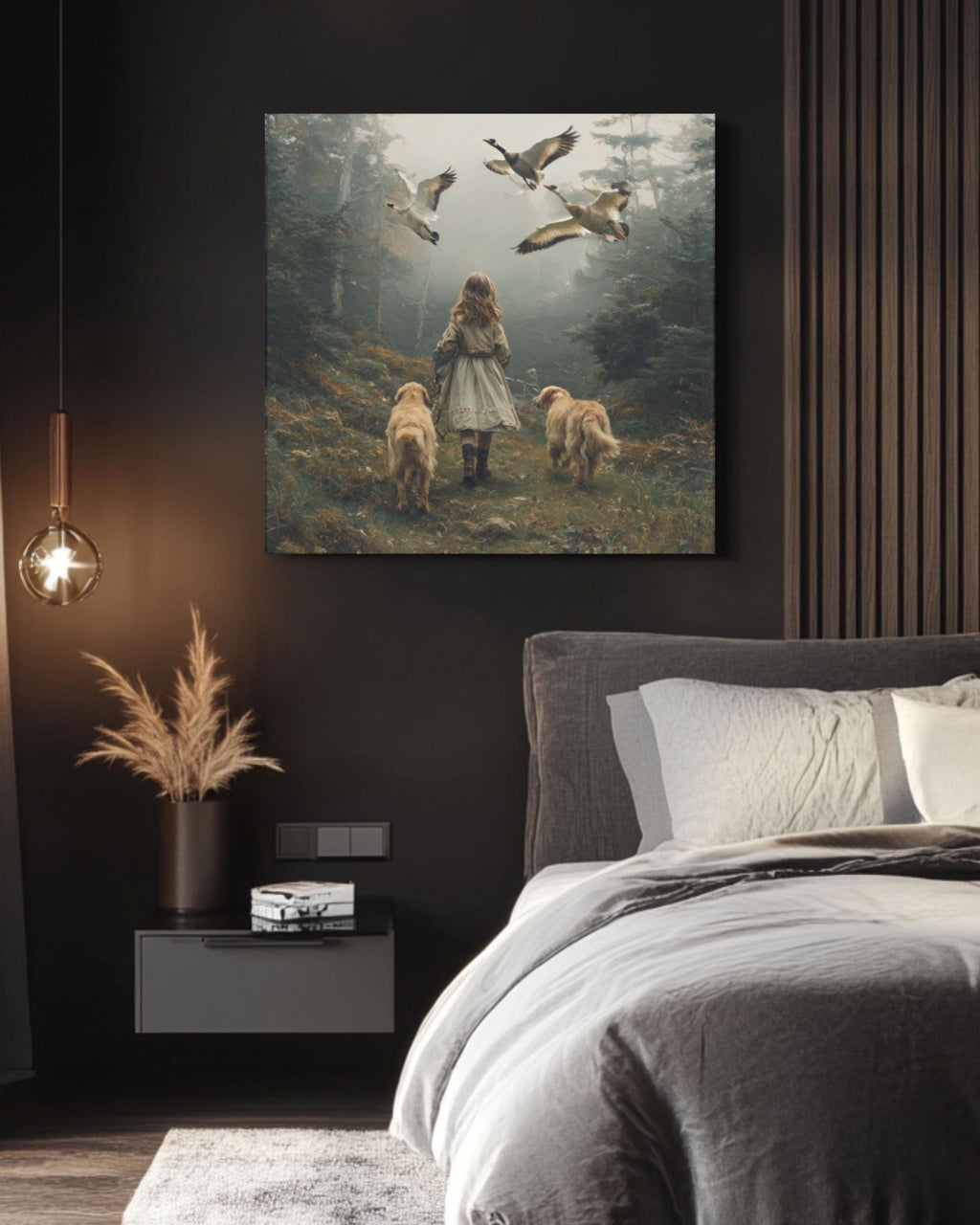 Golden Retriever & Girl Forest Wall Art | Oil Painting Style Canvas