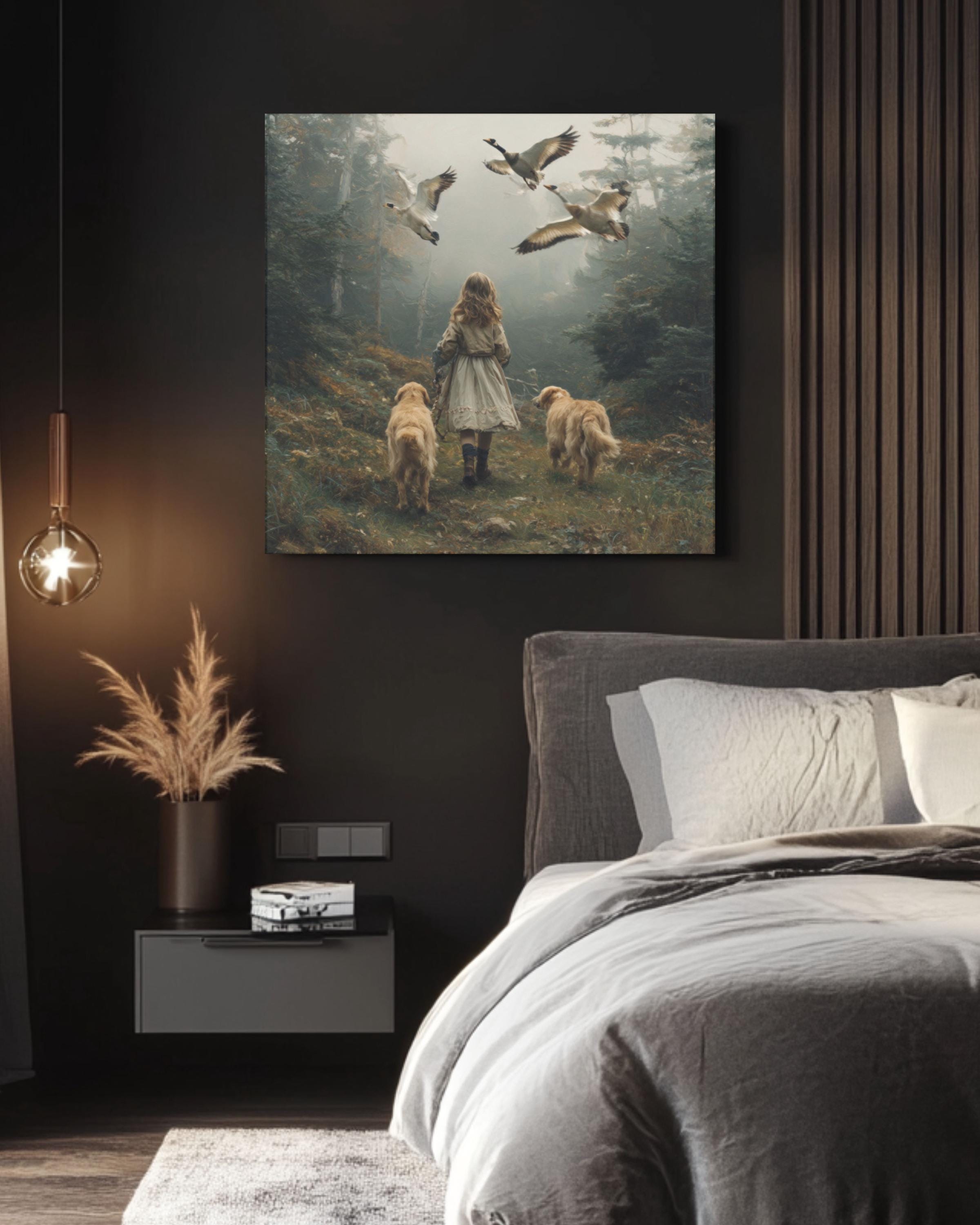 Golden Retriever & Girl Forest Wall Art | Oil Painting Style Canvas