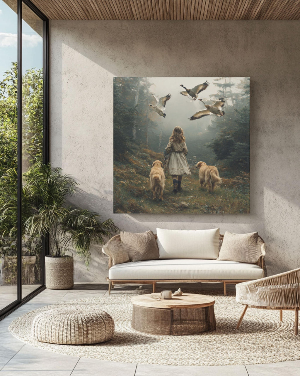 Golden Retriever & Girl Forest Wall Art | Oil Painting Style Canvas