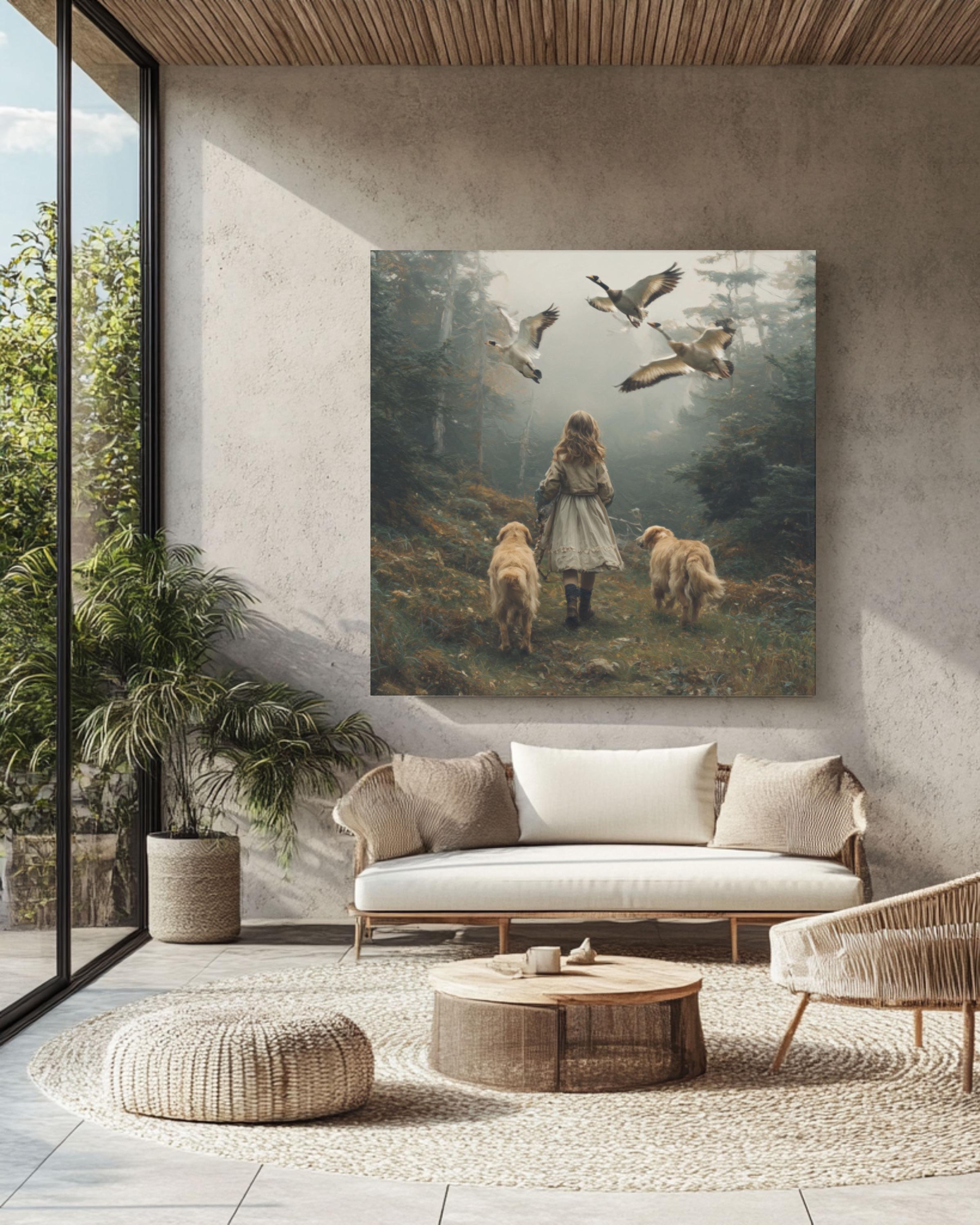 Golden Retriever & Girl Forest Wall Art | Oil Painting Style Canvas