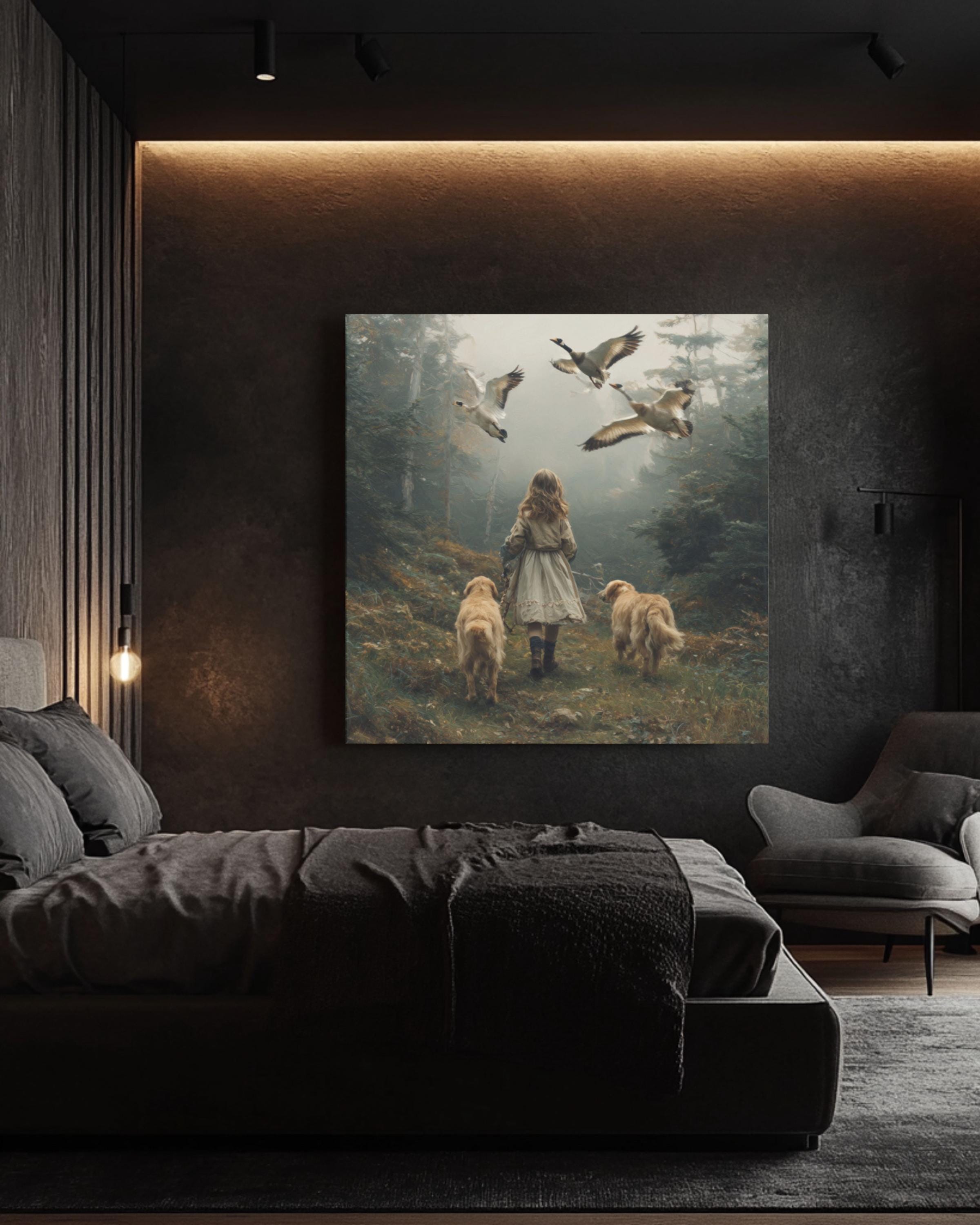 Golden Retriever & Girl Forest Wall Art | Oil Painting Style Canvas