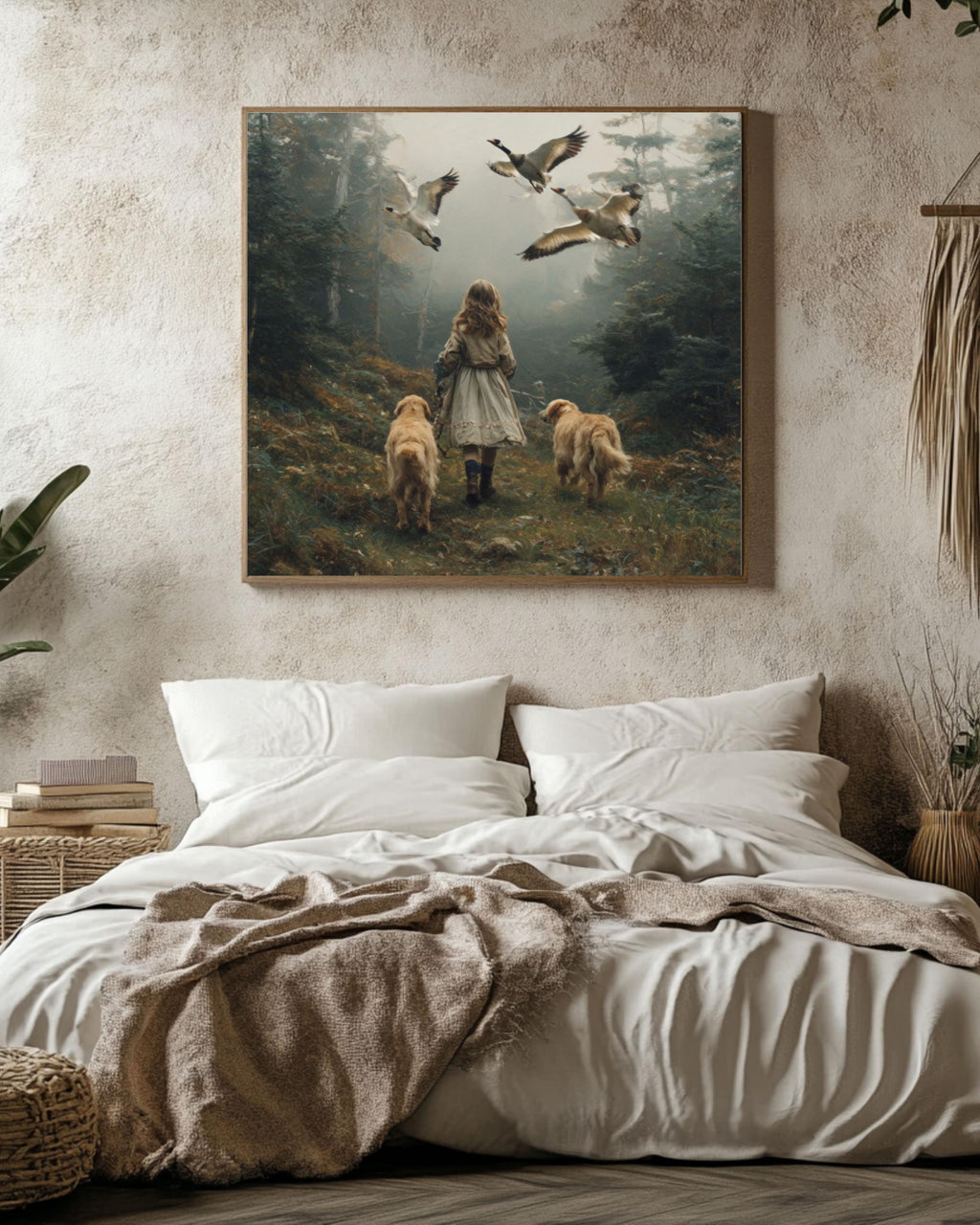 Golden Retriever & Girl Forest Wall Art | Oil Painting Style Canvas