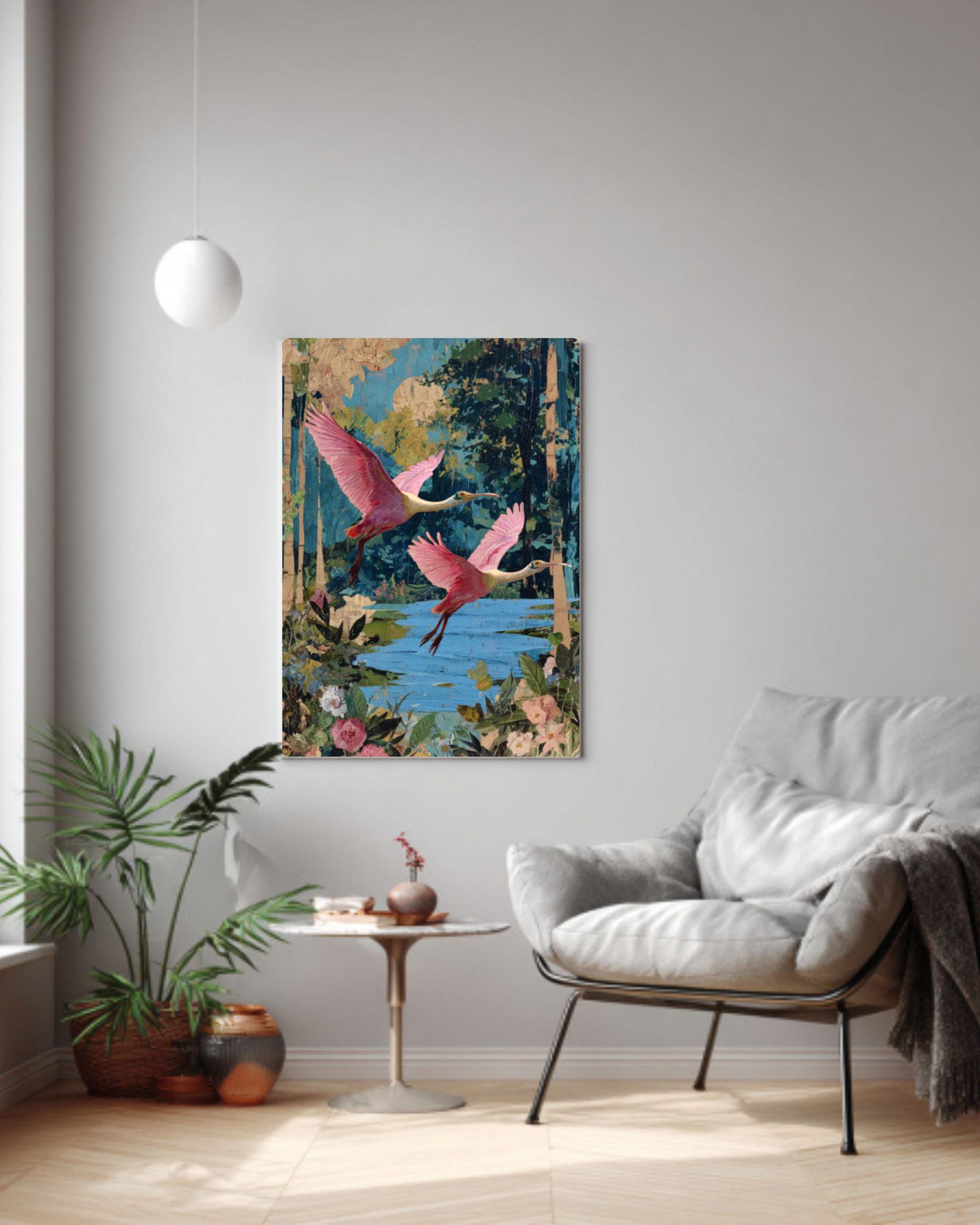 Roseate Spoonbill Collage Wall Art | Vintage Botanical Surrealism Print