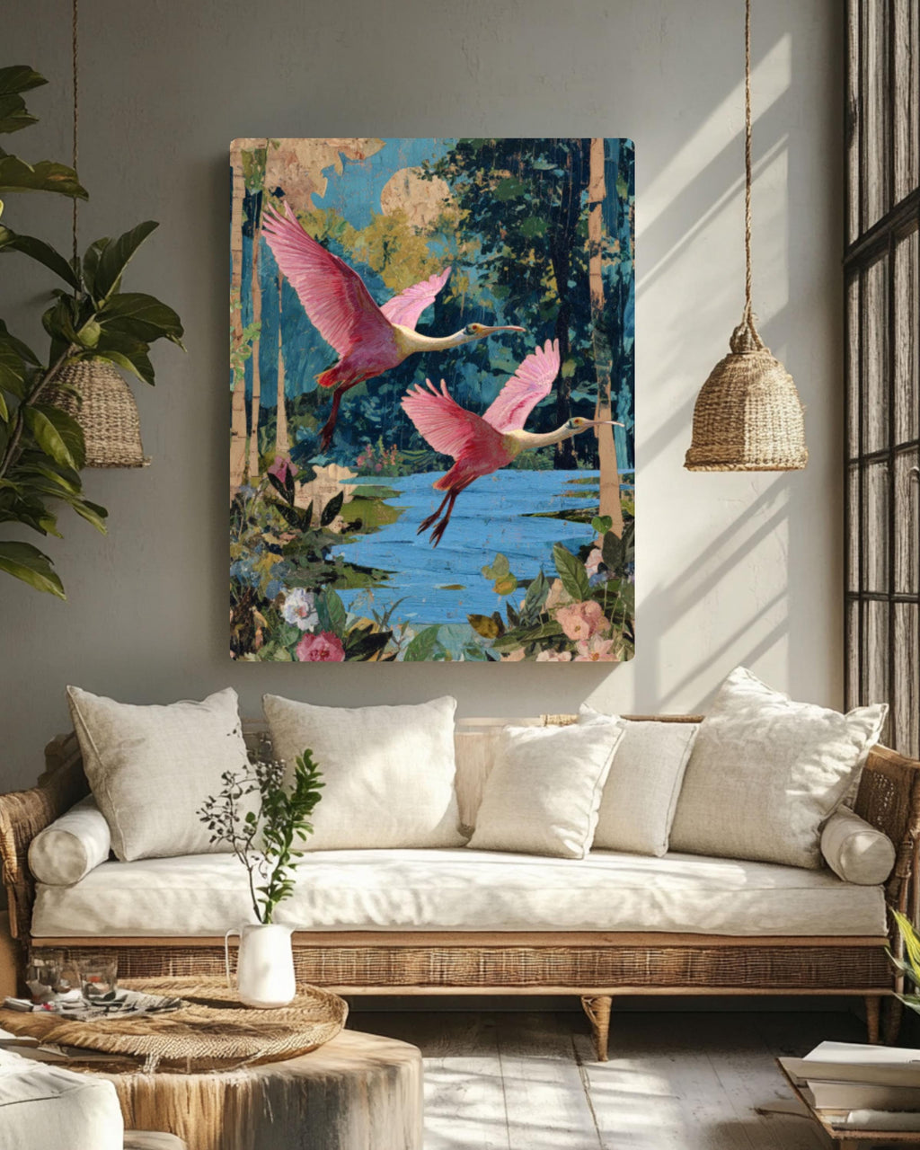 Roseate Spoonbill Collage Wall Art | Vintage Botanical Surrealism Print