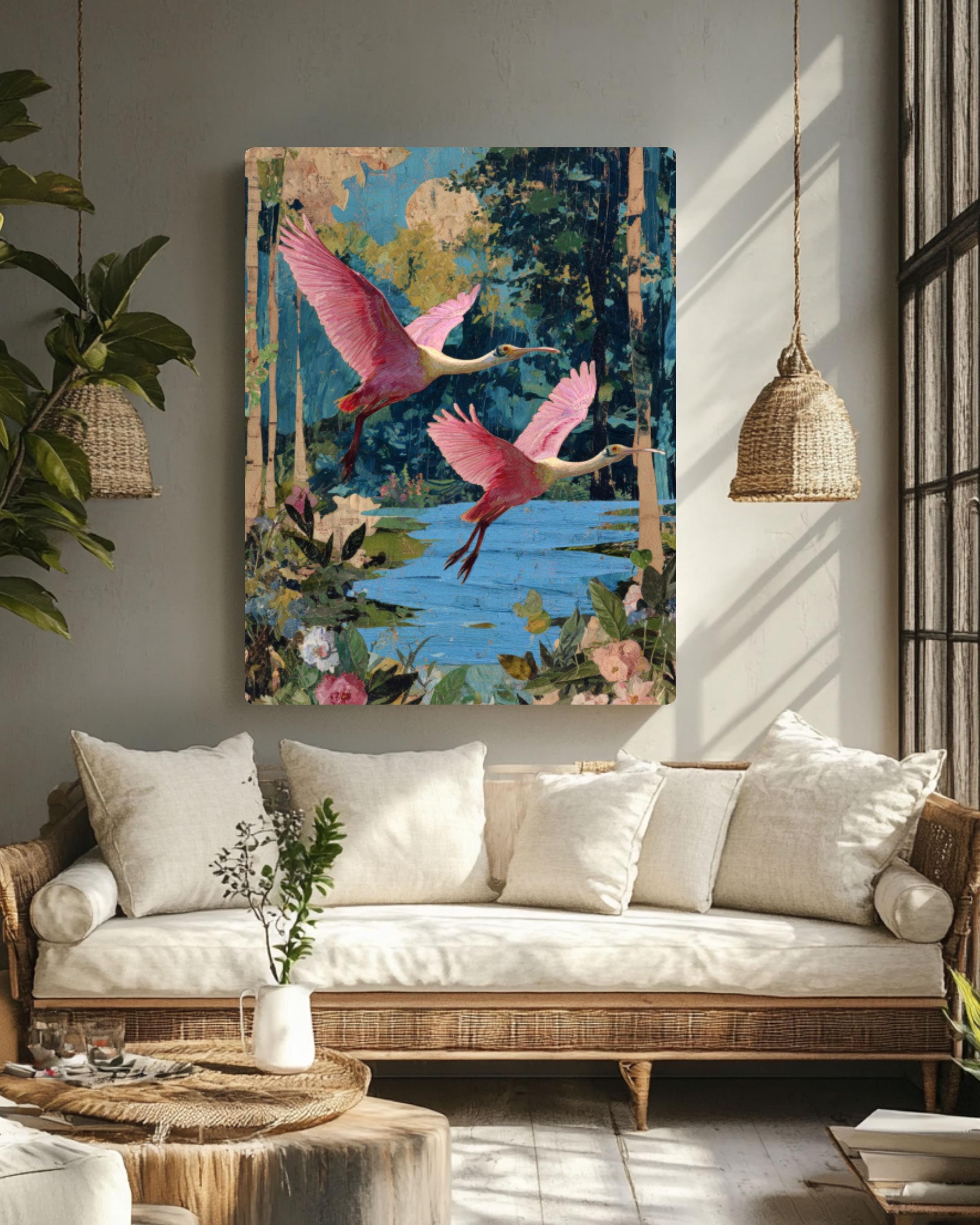Roseate Spoonbill Collage Wall Art | Vintage Botanical Surrealism Print
