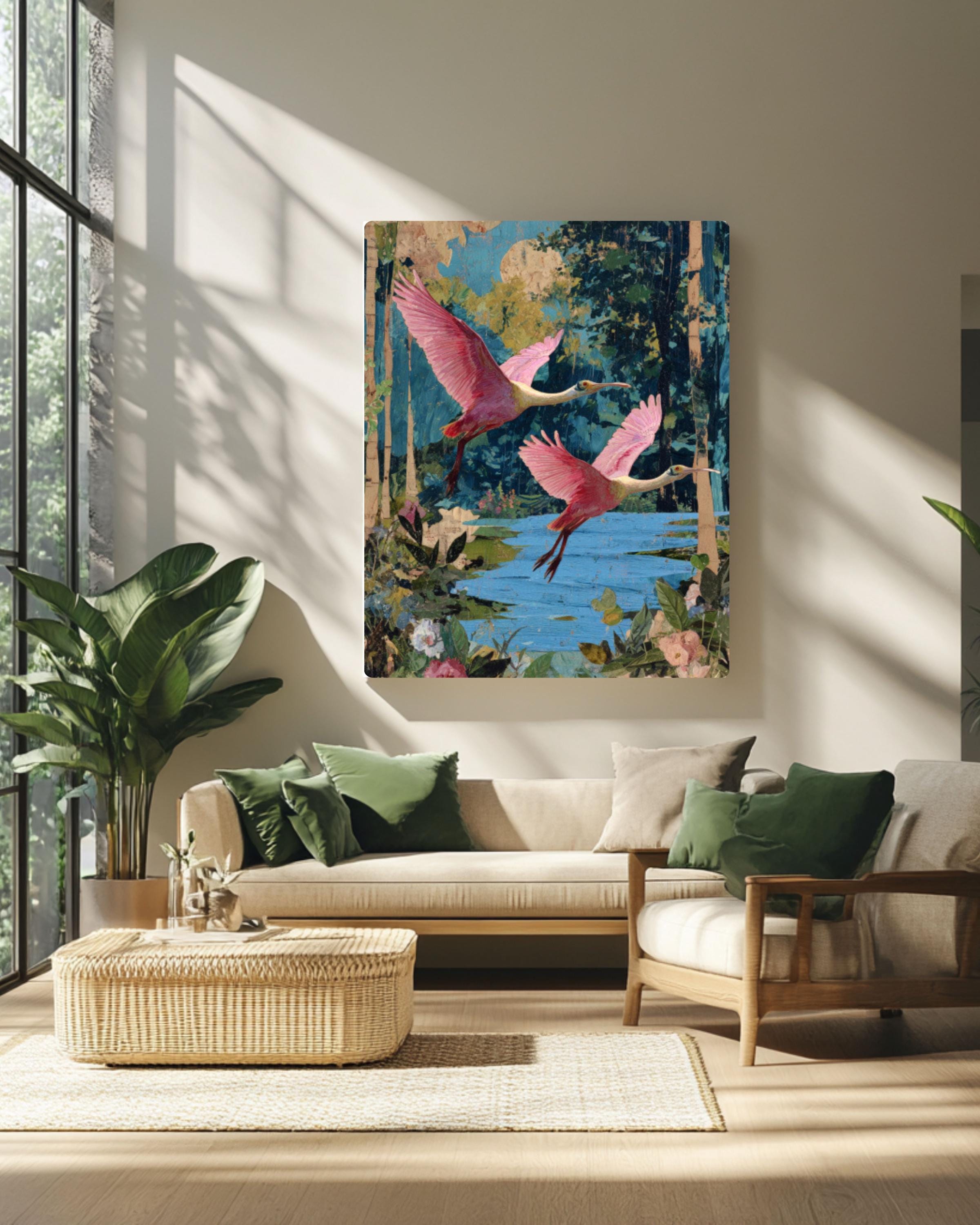 Roseate Spoonbill Collage Wall Art | Vintage Botanical Surrealism Print