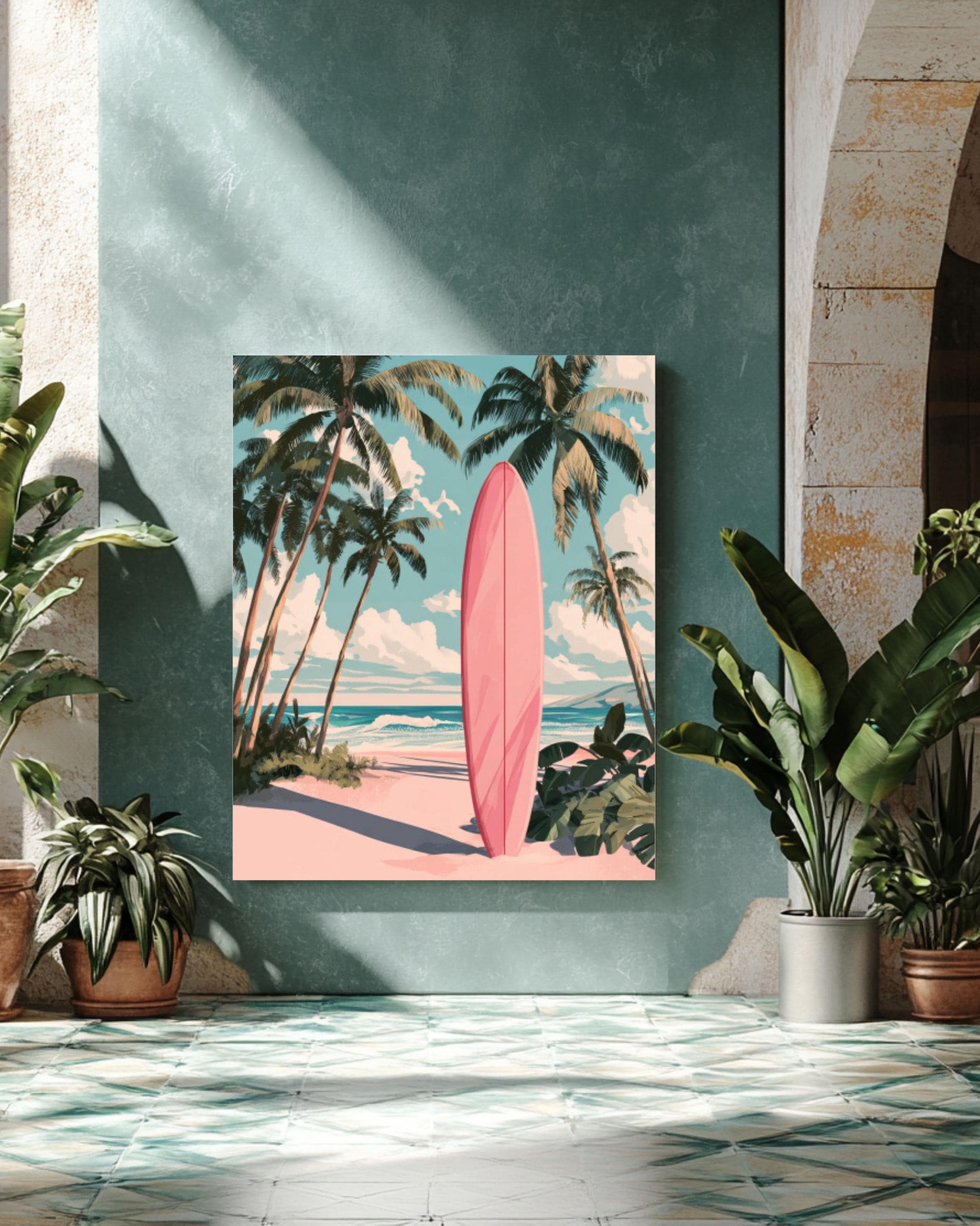 Vintage Pink Surfboard Wall Art Print | Retro Beach Palm Tree Poster