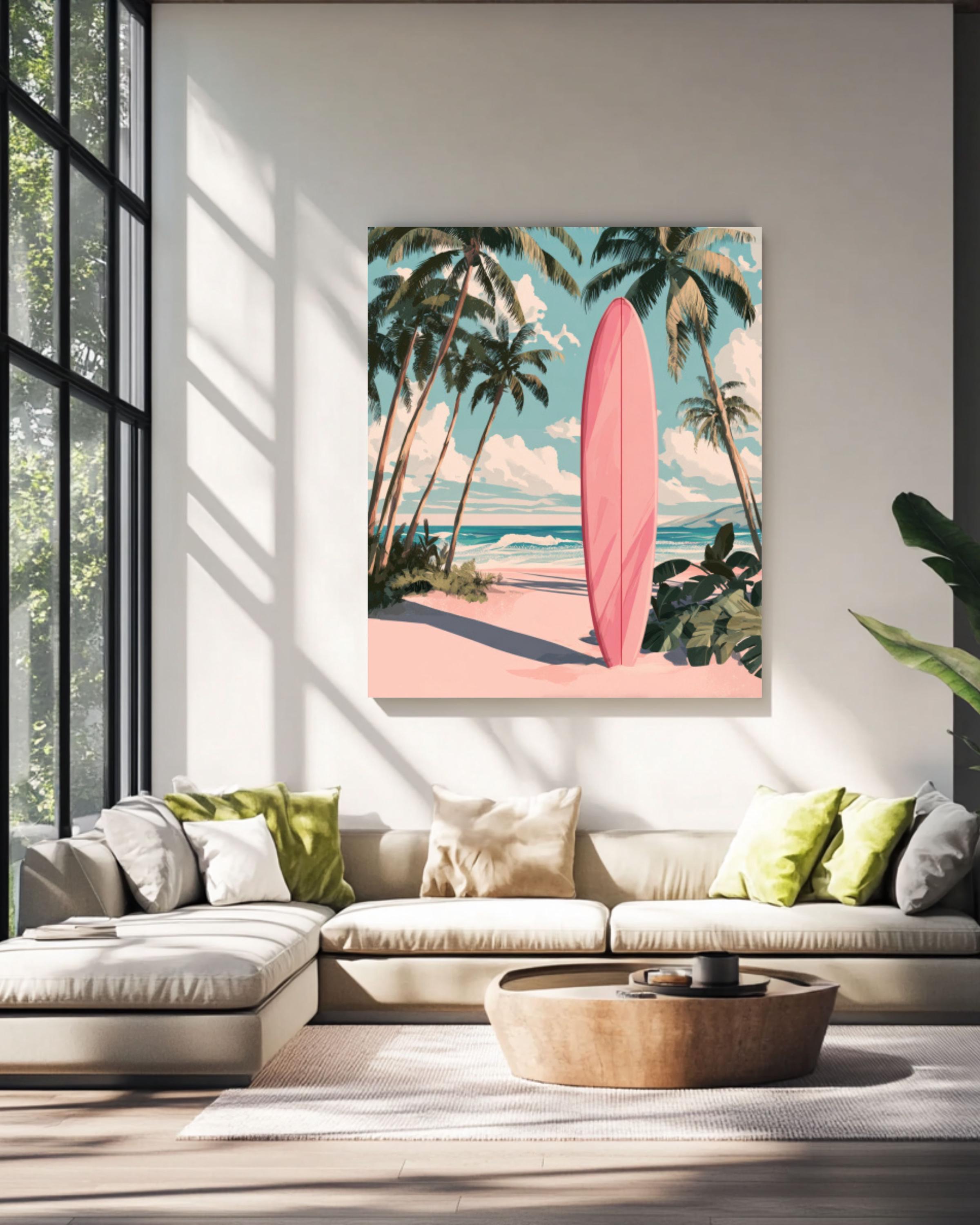 Vintage Pink Surfboard Wall Art Print | Retro Beach Palm Tree Poster