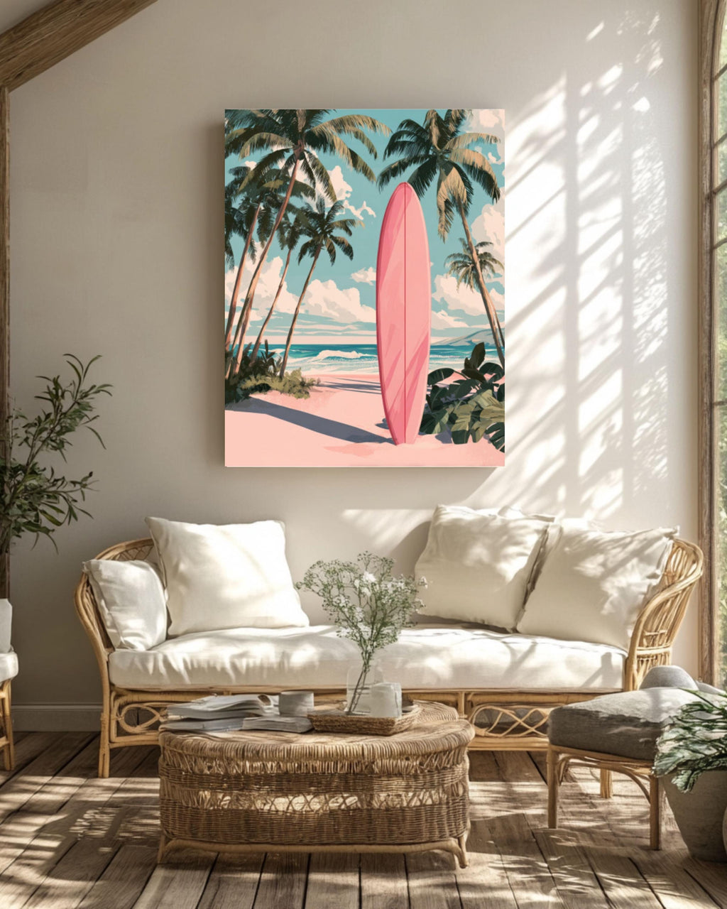 Vintage Pink Surfboard Wall Art Print | Retro Beach Palm Tree Poster