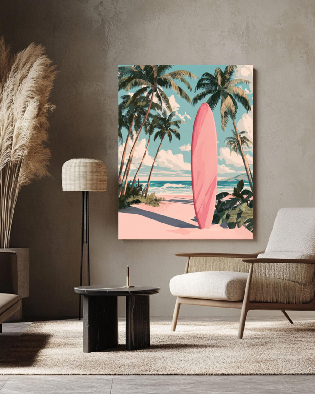 Vintage Pink Surfboard Wall Art Print | Retro Beach Palm Tree Poster